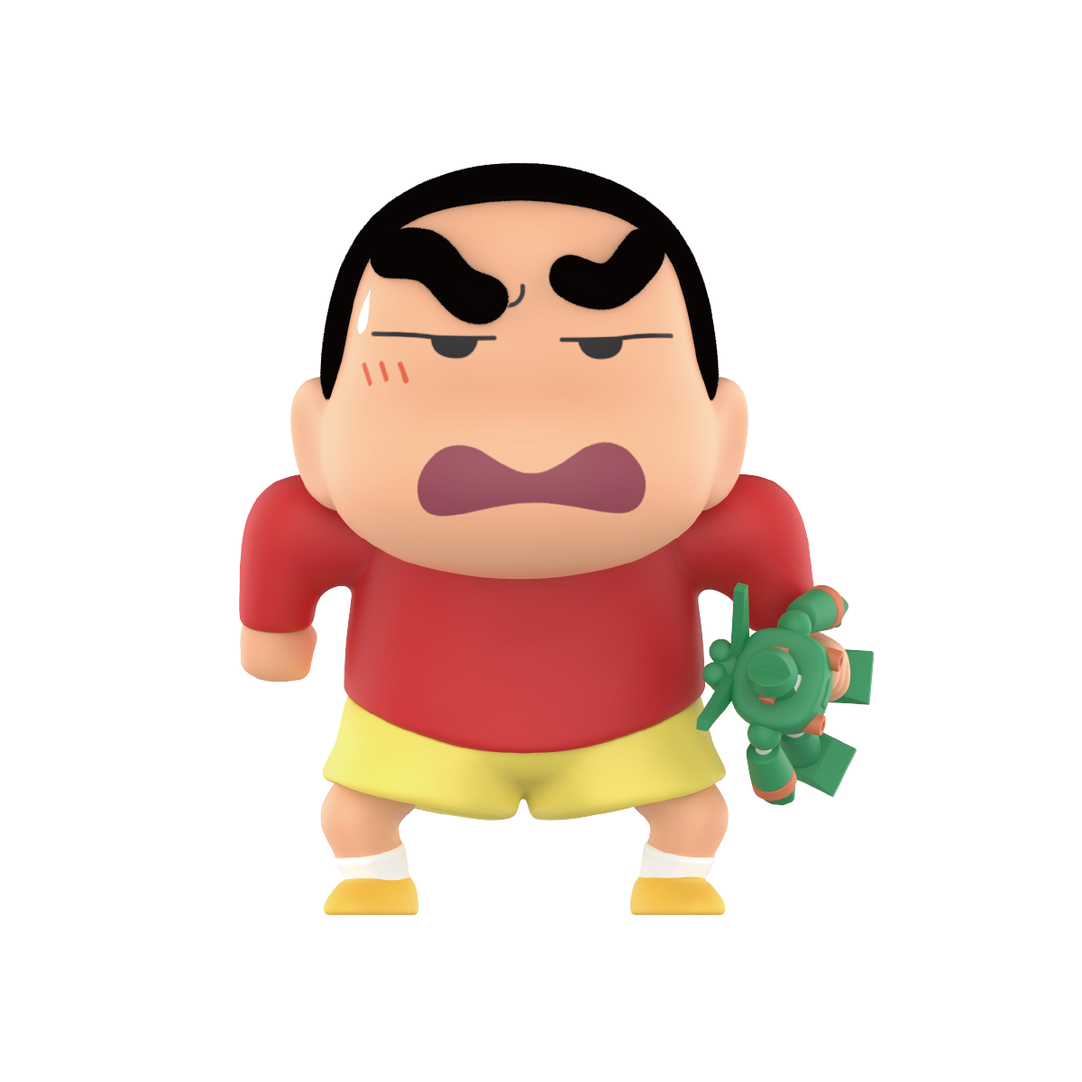Angry Potato Head Shinchan grimacing while holding a green toy airplane, Early Potato Head