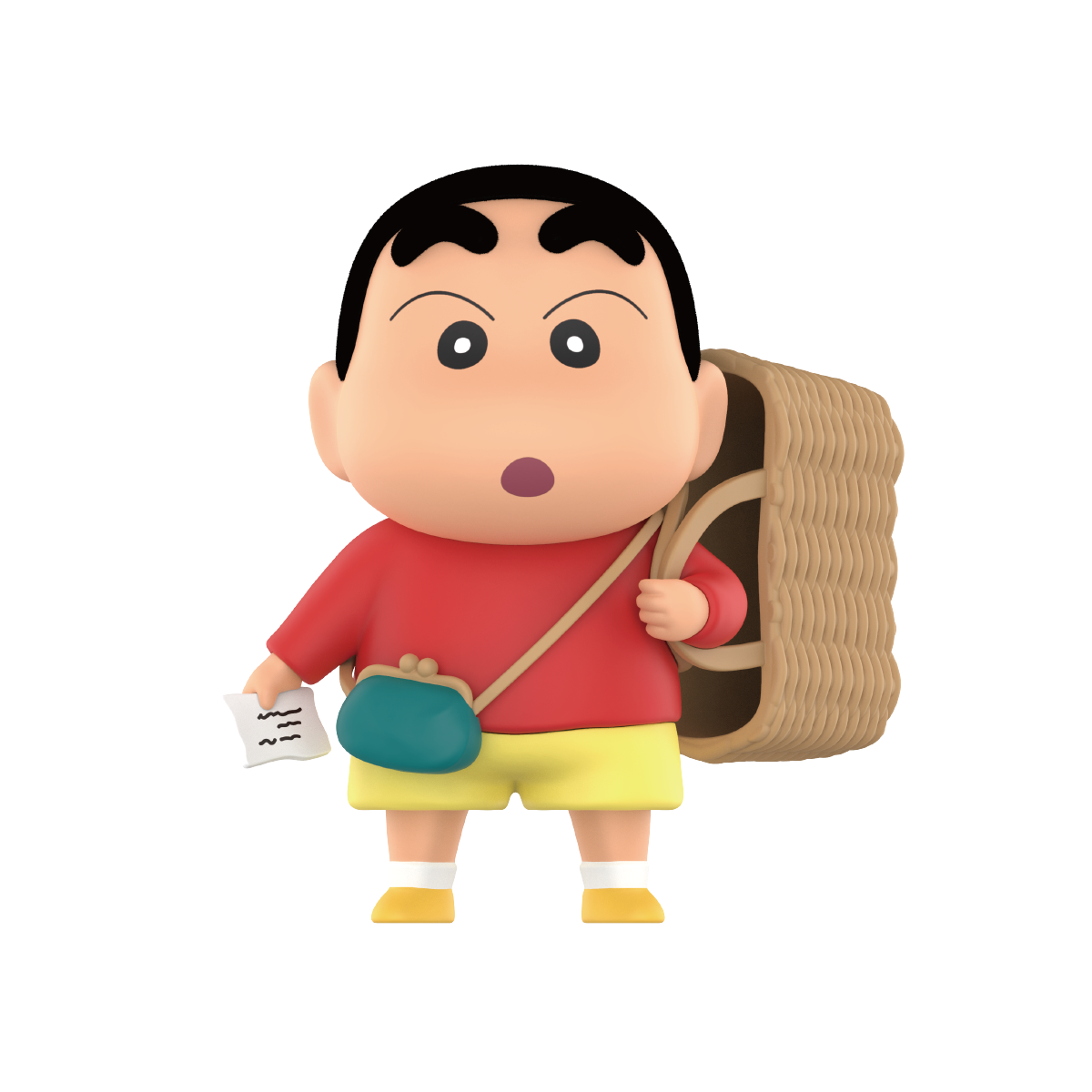 Go Shopping Shinchan with coin purse, list and woven basket on his back, Early Potato Head