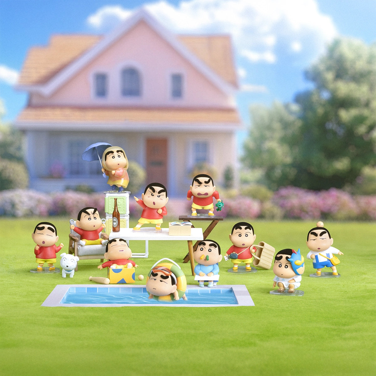 Full lineup of Early Potato Head Shinchan figures posed around a house, blind box
