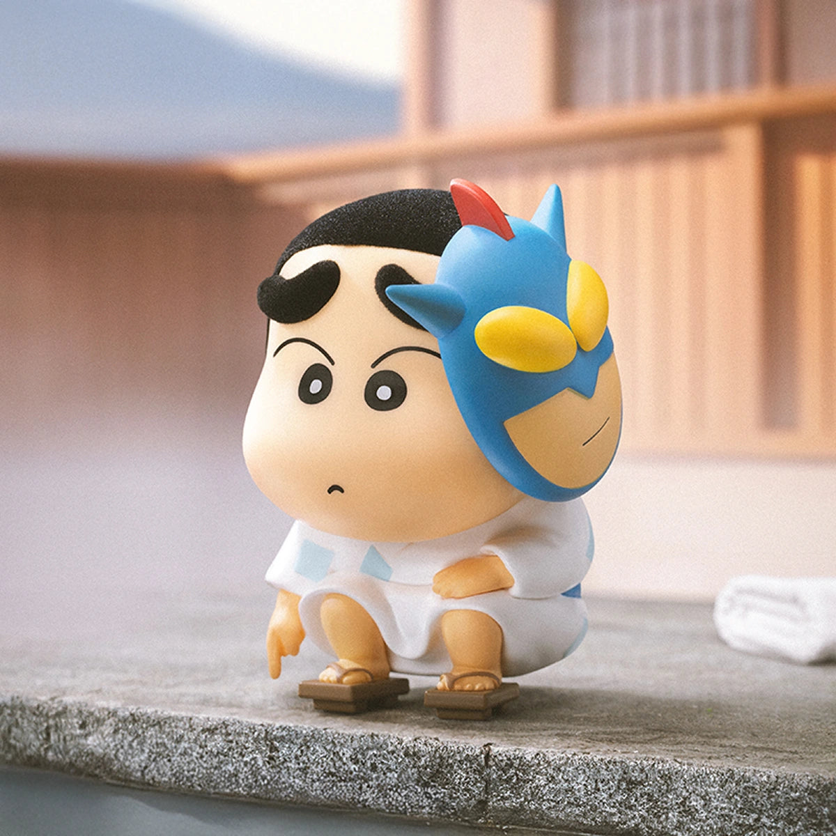 Poor Potato Head Shinchan in white robe with an Action Kamen mask on his head, Early Potato Head