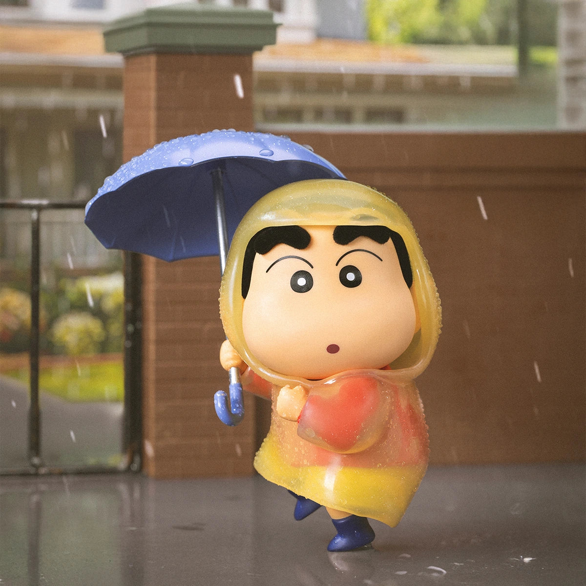 Raining secret Shinchan in yellow raincoat holding a blue umbrella in the rain, Early Potato Head