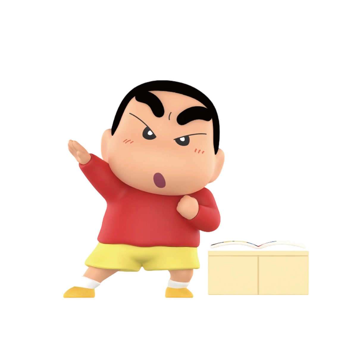 Action Kamen Transform pose Shinchan striking a hero stance by an open book, Early Potato Head