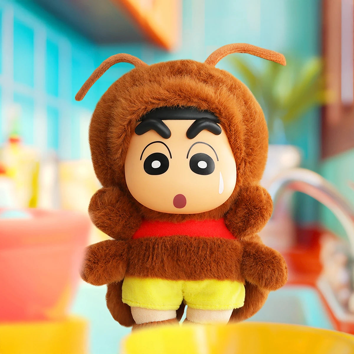 Crayon Shinchan cockroach-costume plush with sweat drop in a kitchen scene, Here Comes Your Johnny keychain