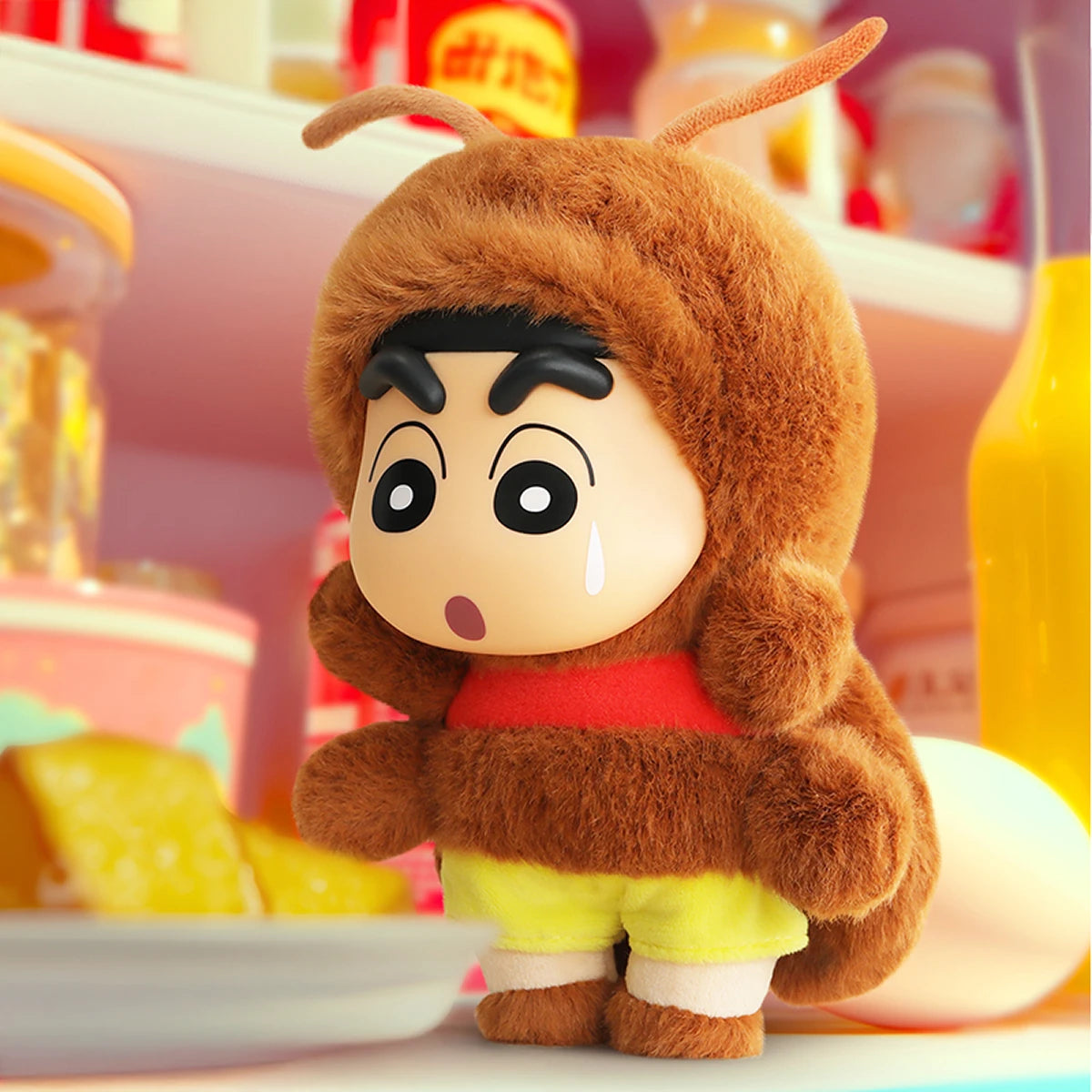 Surprised Crayon Shinchan in cockroach hood among pantry shelves, Here Comes Your Johnny plush keychain