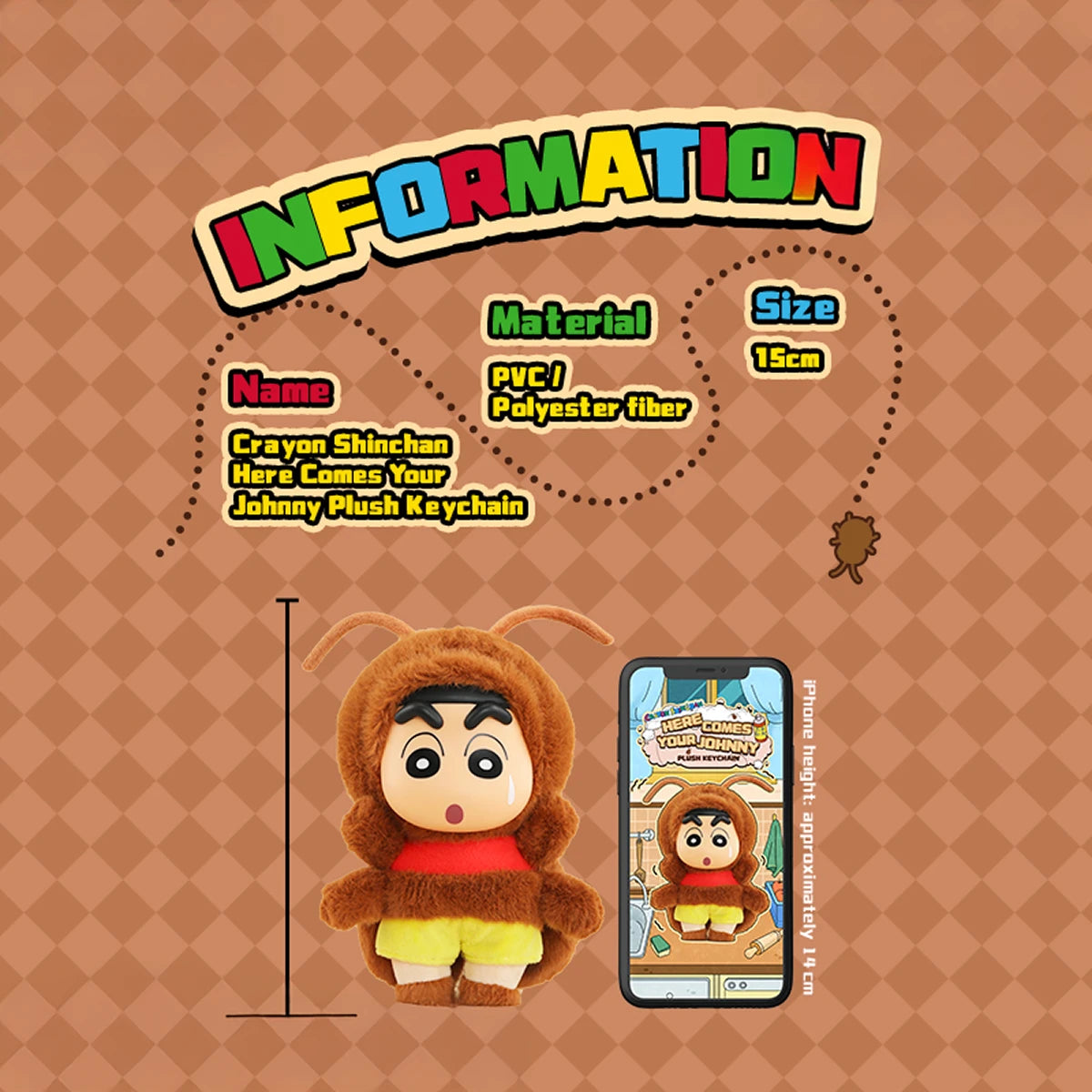 Crayon Shinchan cockroach plush keychain shown in its boxed packaging display, Here Comes Your Johnny