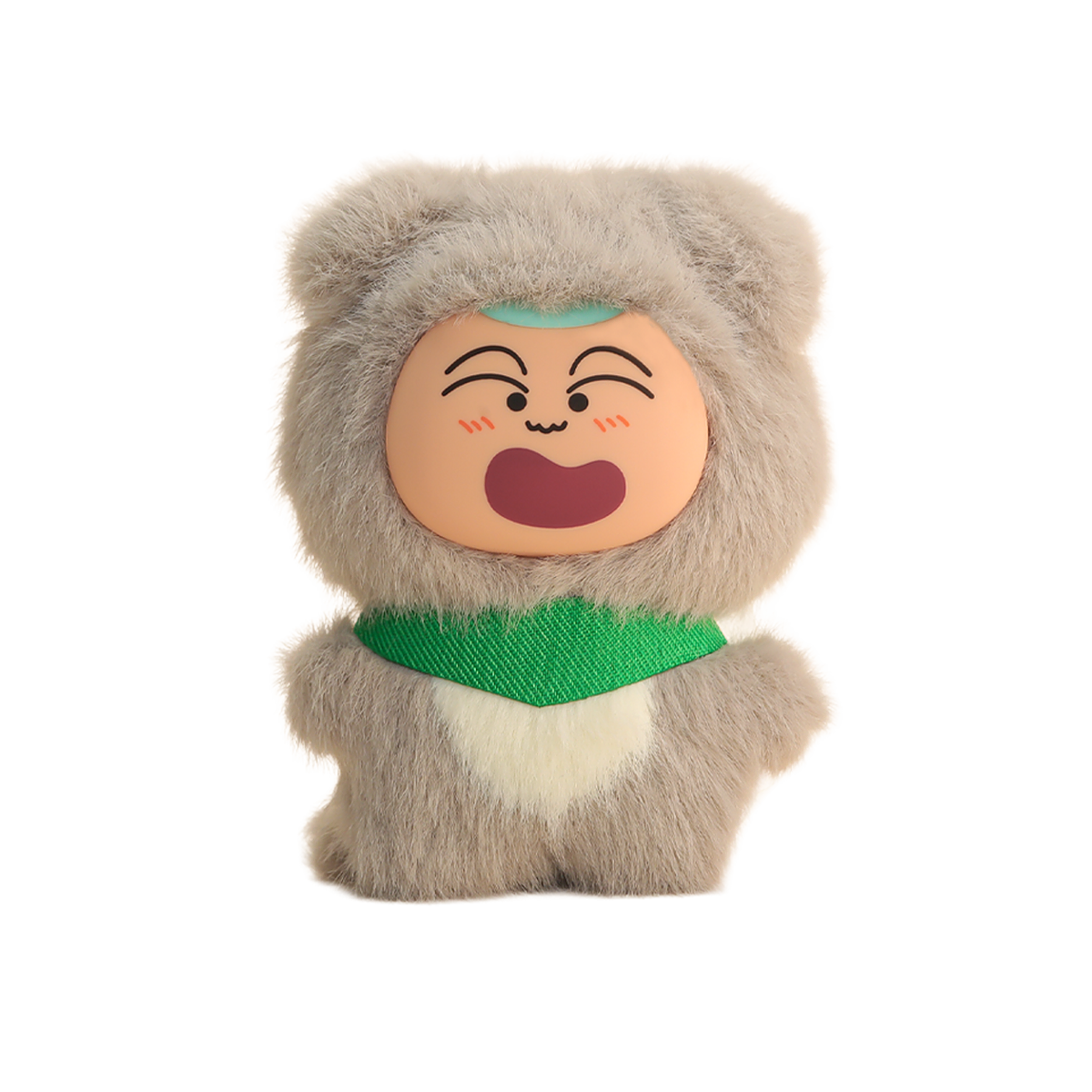 Puppy Masaokun plush charm in grey puppy onesie with green scarf crying, Crayon Shinchan Kasukabe Party