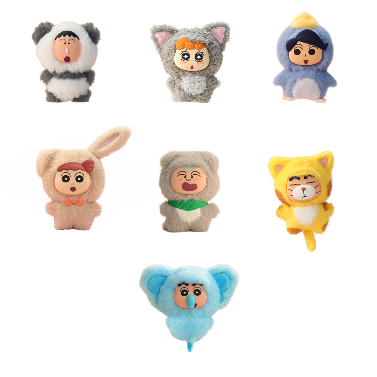Full set of seven Crayon Shinchan Kasukabe Party plush charms in fluffy animal onesies, blind box