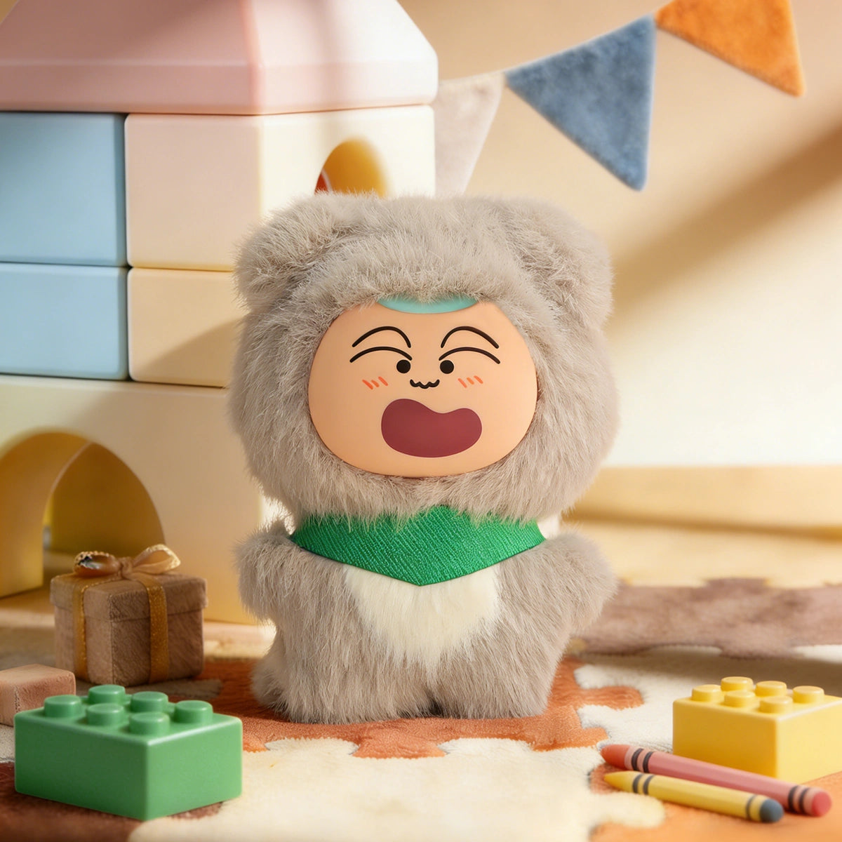 Puppy Masaokun plush charm in cream puppy onesie with green scarf among toy blocks, Crayon Shinchan Kasukabe Party
