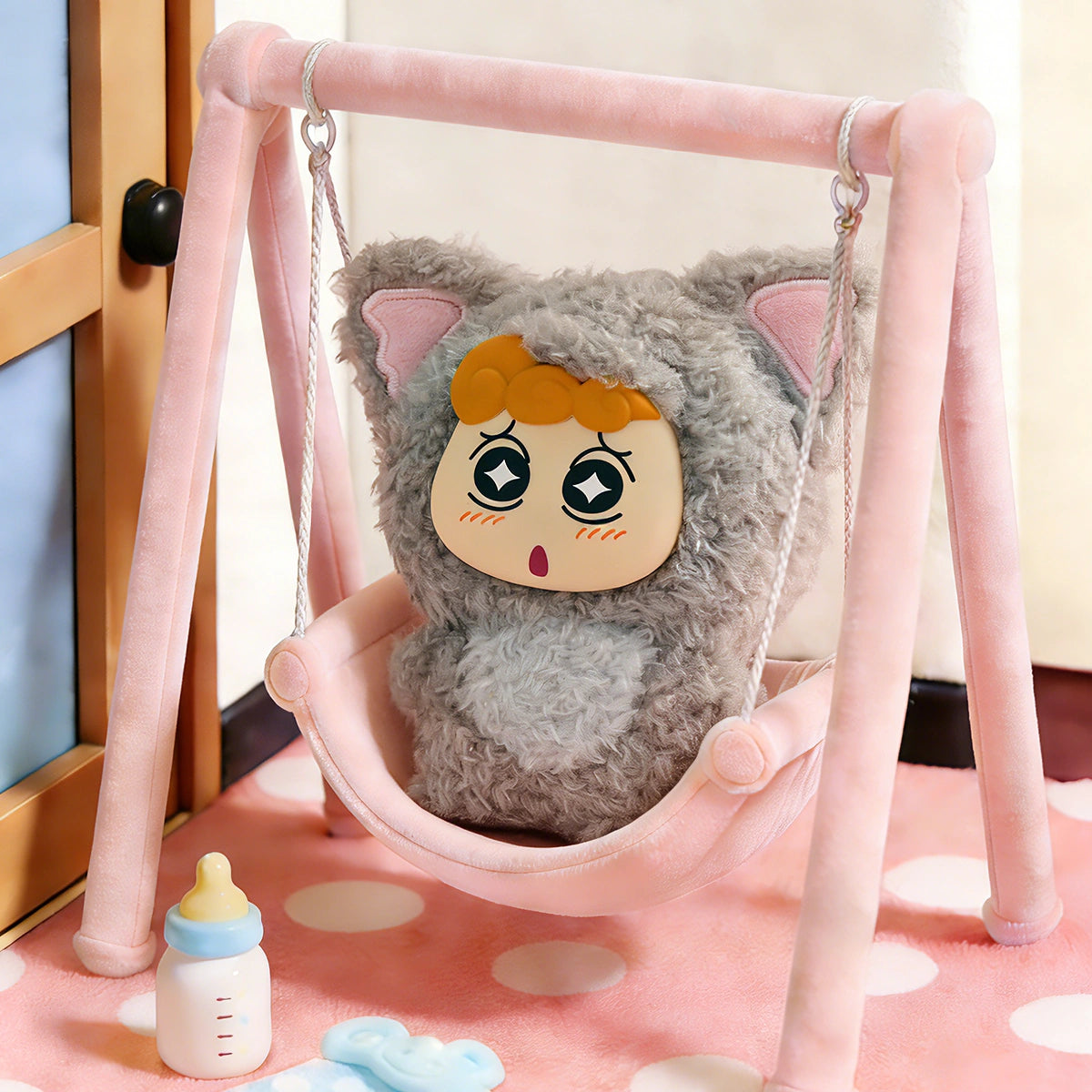 Koala Himawari plush charm in grey koala onesie sitting in a baby swing, Crayon Shinchan Kasukabe Party