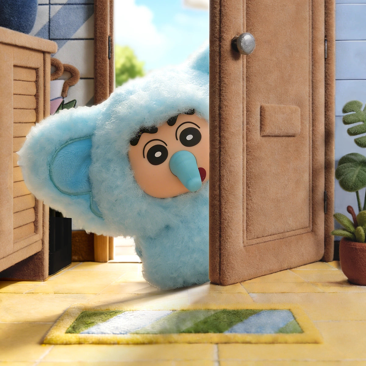 Penguin Kazamakun secret plush charm in blue penguin onesie peeking around a door, Crayon Shinchan Kasukabe Party