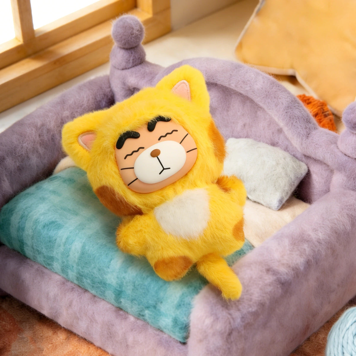 Leopard Shinchan plush charm in yellow leopard onesie napping on a couch, Crayon Shinchan Kasukabe Party