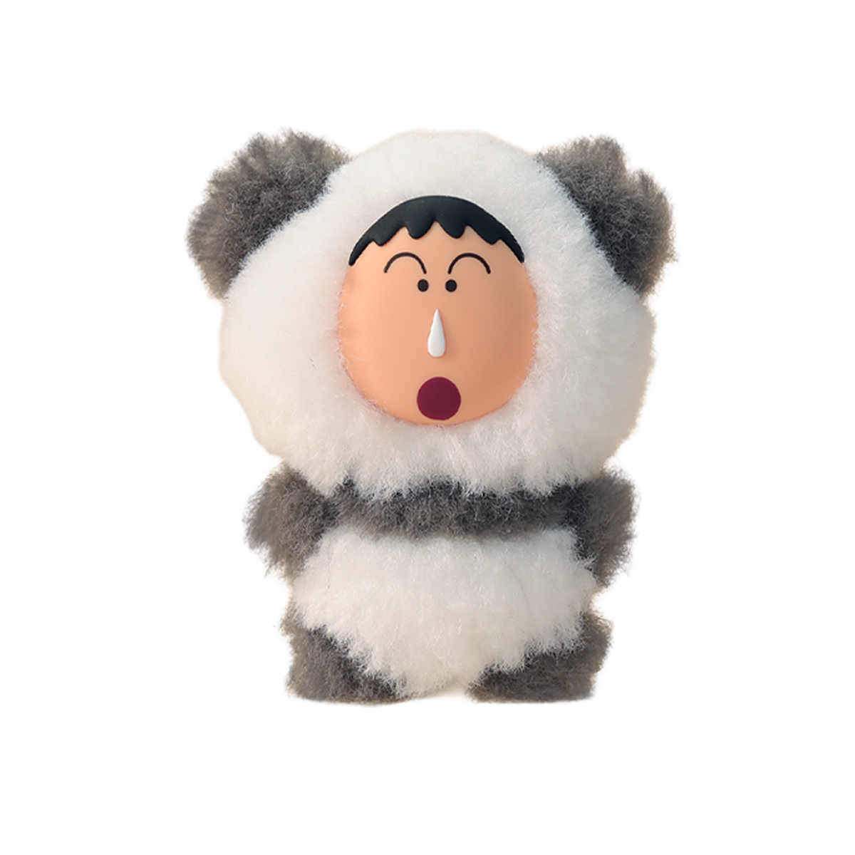 Panda Bochan plush charm in black-and-white panda onesie with surprised face, Crayon Shinchan Kasukabe Party by 52TOYS