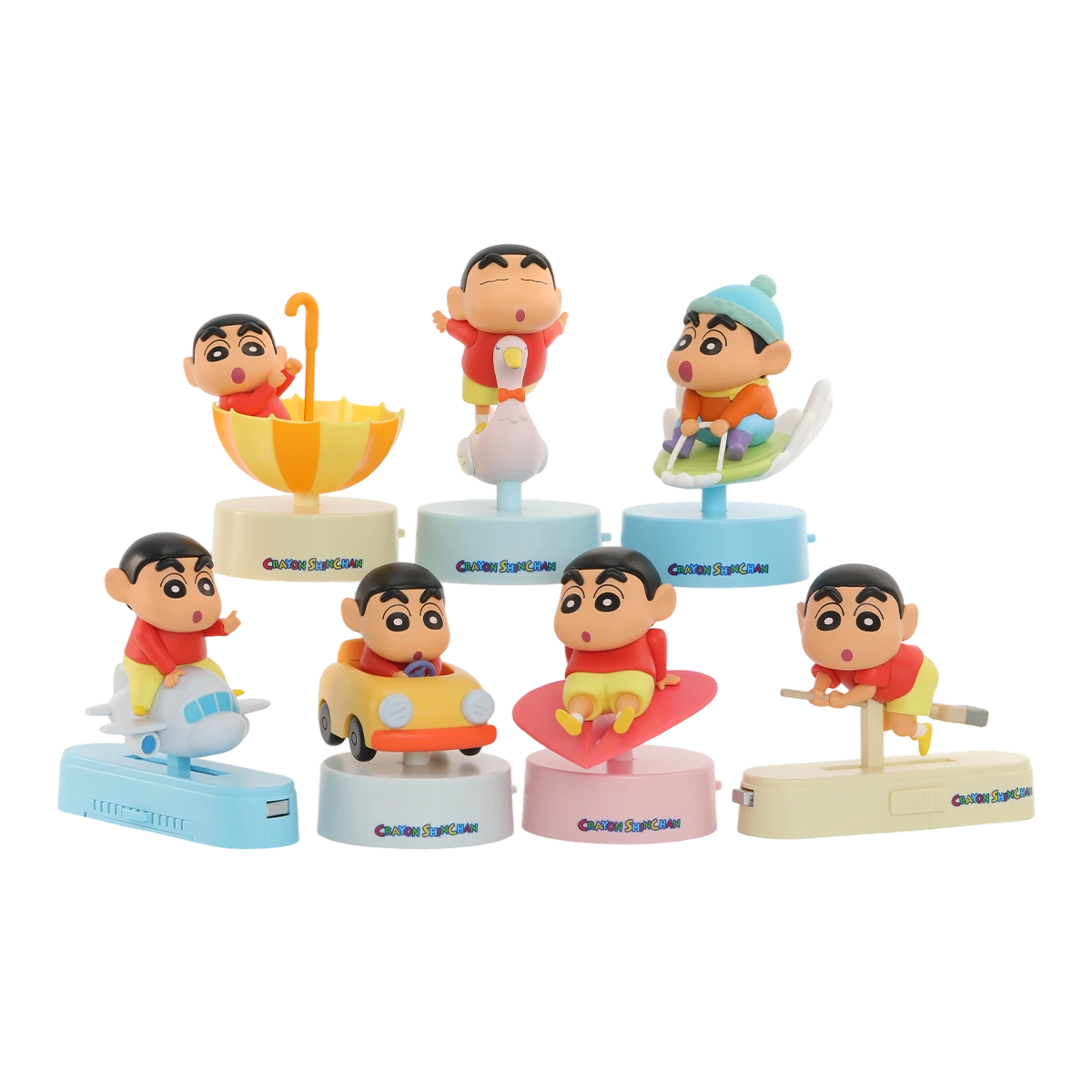 Full lineup of seven Crayon Shinchan Let's Go Together! travel-themed figures on stands, blind box series