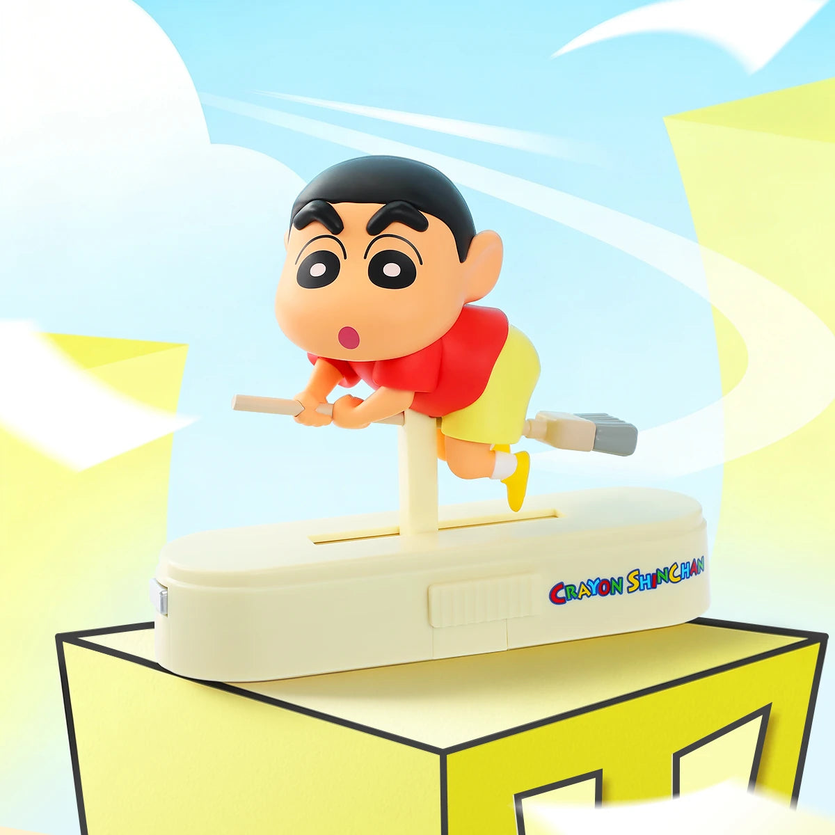 Broom Bootcamp Shinchan balancing belly-down on a flying broom, Crayon Shinchan Let's Go Together!