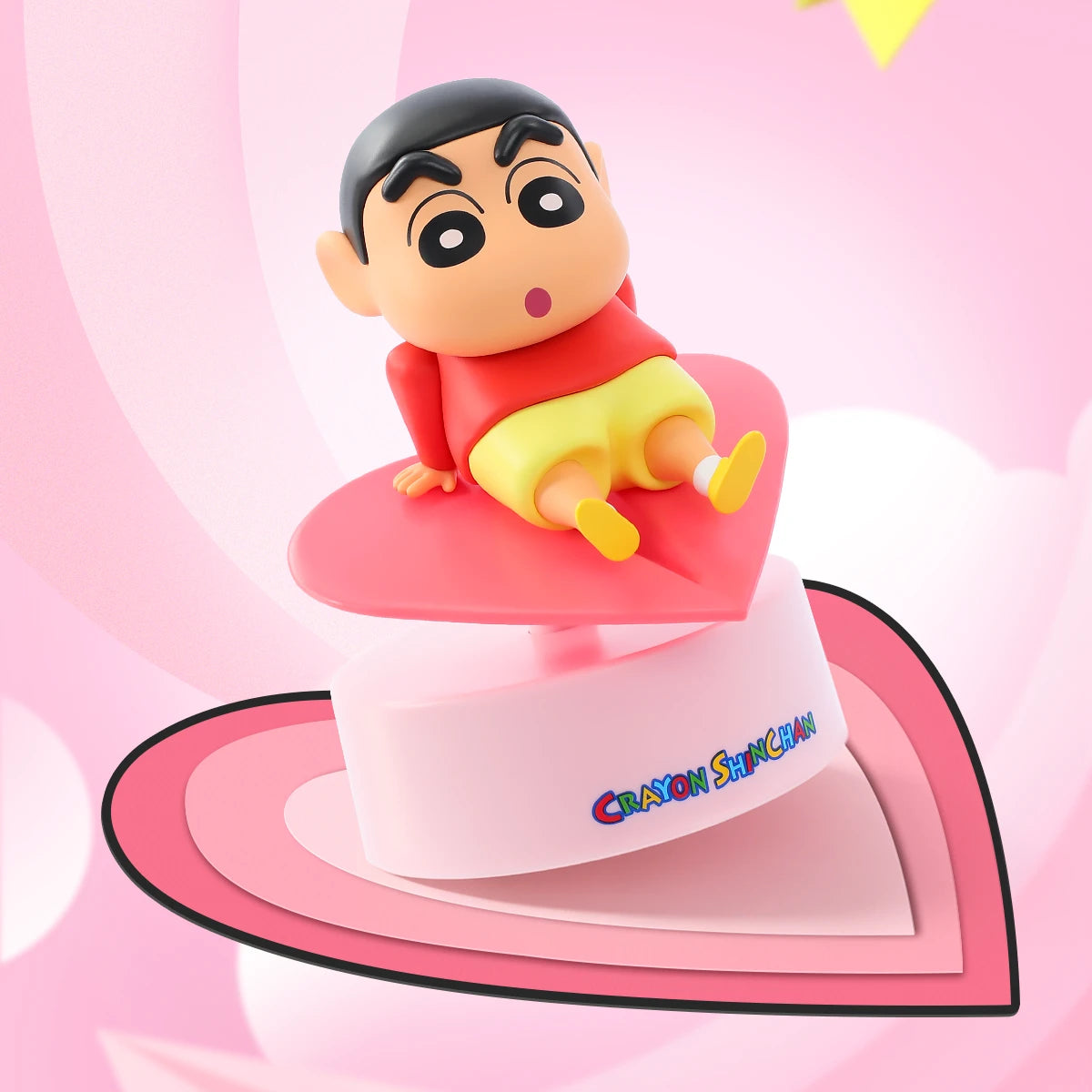Heartward Flight Shinchan surfing belly-down on a pink heart board, Crayon Shinchan Let's Go Together!
