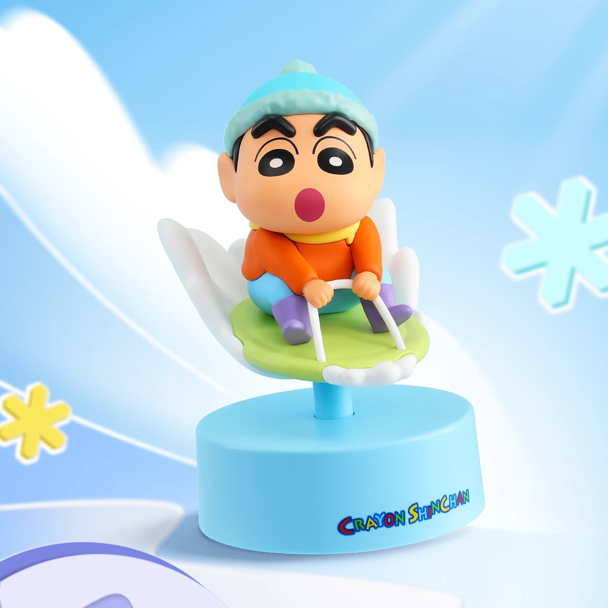 Snow Drifting Shinchan in green hat sledding on a winged snow sled, Crayon Shinchan Let's Go Together!