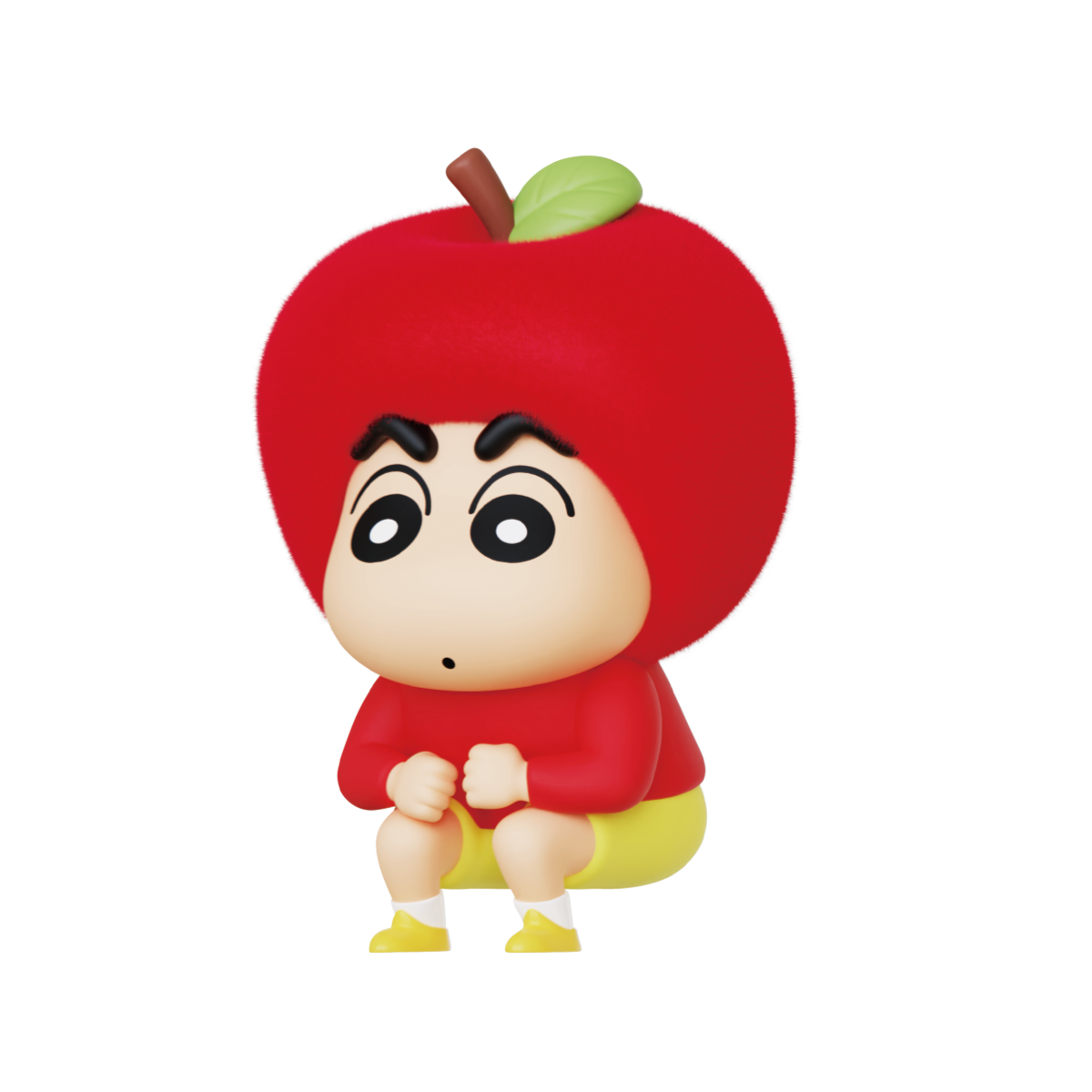 Orange's Day figure, Shinchan in fuzzy orange citrus head with stem and red shirt, Crayon Shinchan Munch On Fruit