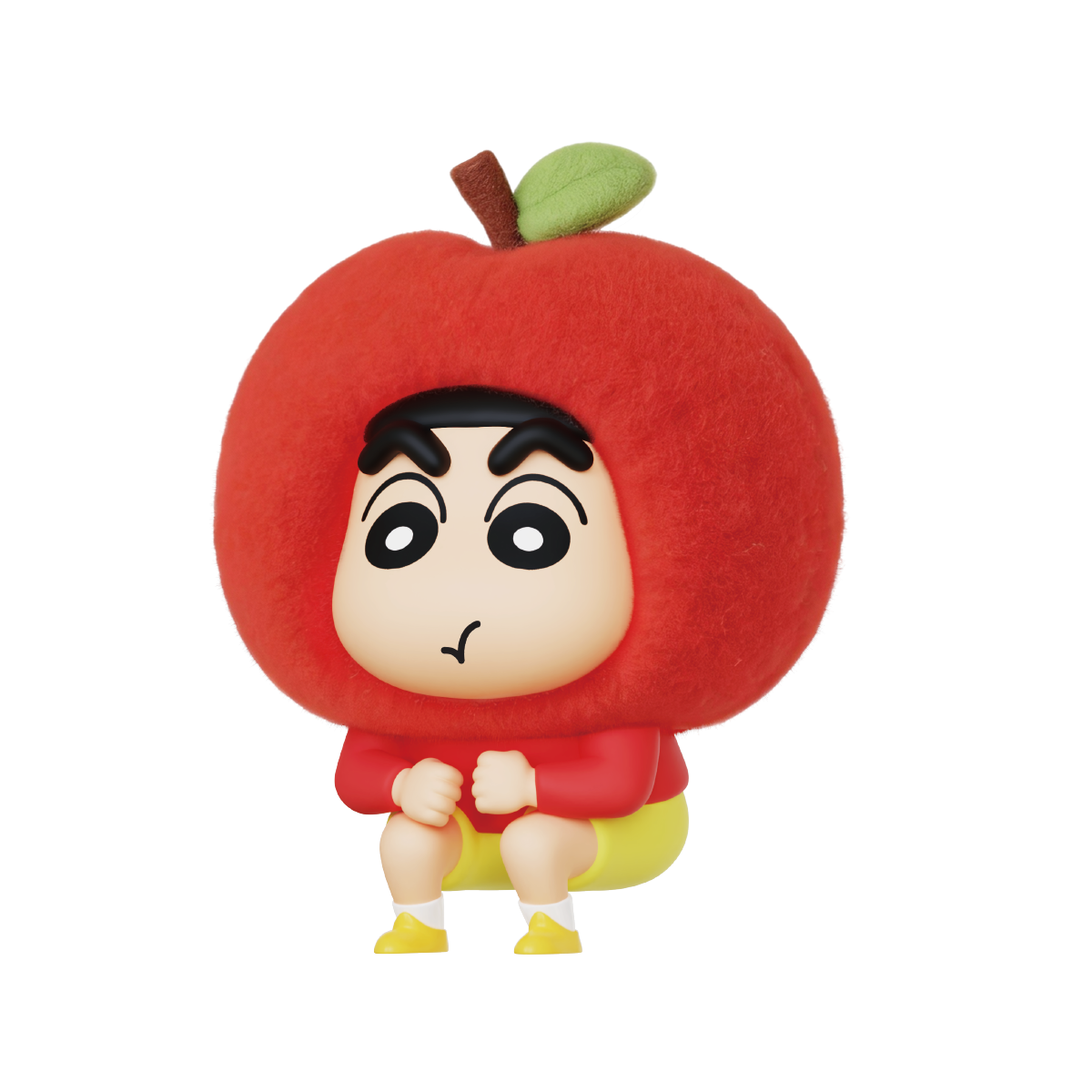 Mango Joy figure, Shinchan in yellow mango hood munching a mango slice, Crayon Shinchan Munch On Fruit