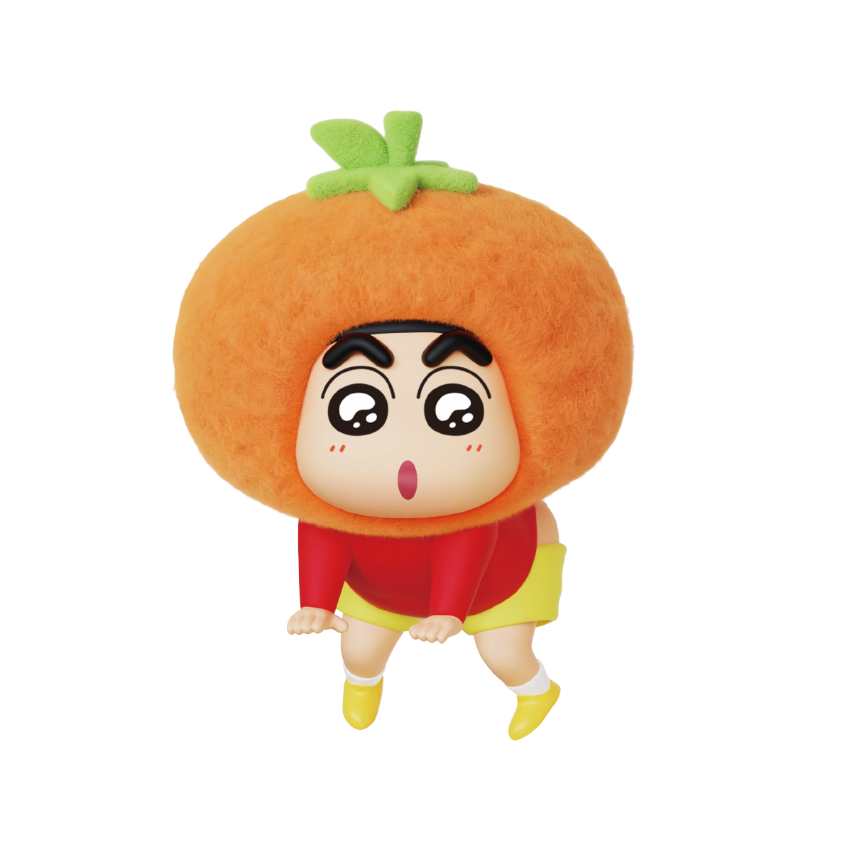 Just Persimmon, Shinchan in an orange persimmon head with leaf cap, Crayon Shinchan Munch On Fruit