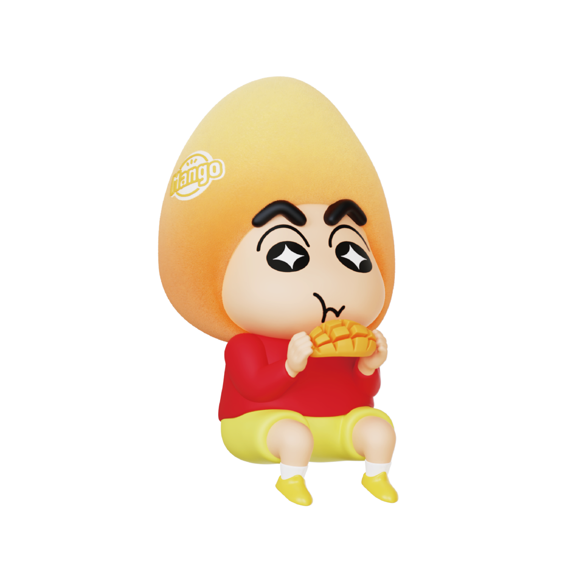 Peach Charm figure, Shinchan in pink fuzzy peach head lying down in red shirt, Crayon Shinchan Munch On Fruit