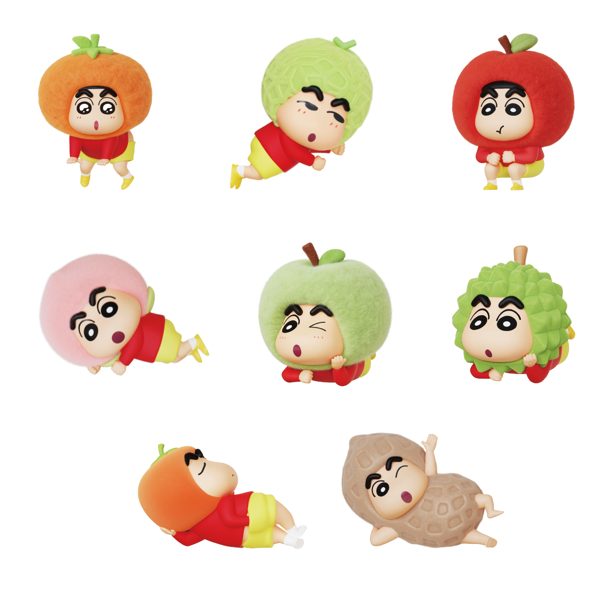 Eight Crayon Shinchan Munch On Fruit figures in assorted fruit costumes and cherry charms, blind box