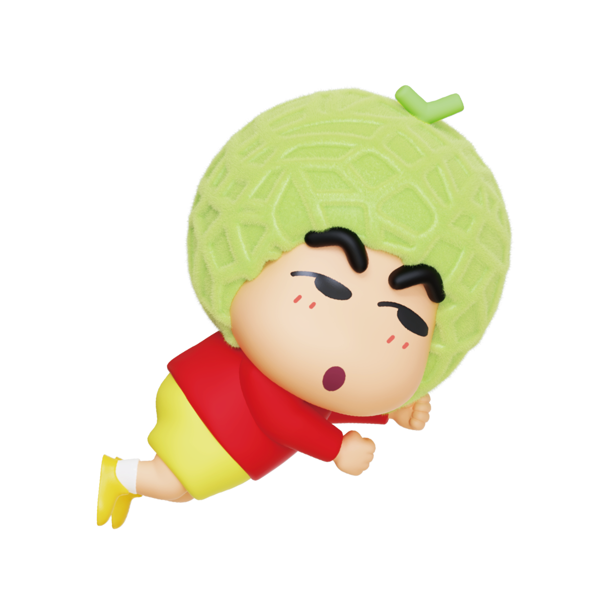 Supreme Apple figure, Shinchan in fuzzy green apple head winking in red shirt, Crayon Shinchan Munch On Fruit