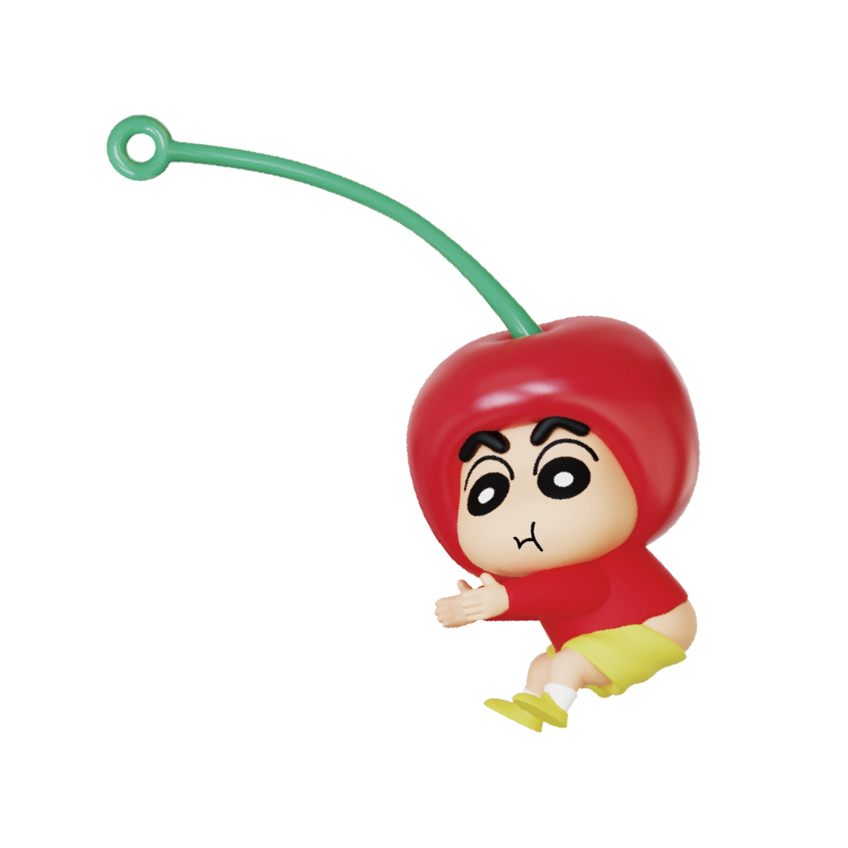 Cherry on Top figure, Shinchan in fuzzy red cherry hood with knotted green stem, Crayon Shinchan Munch On Fruit