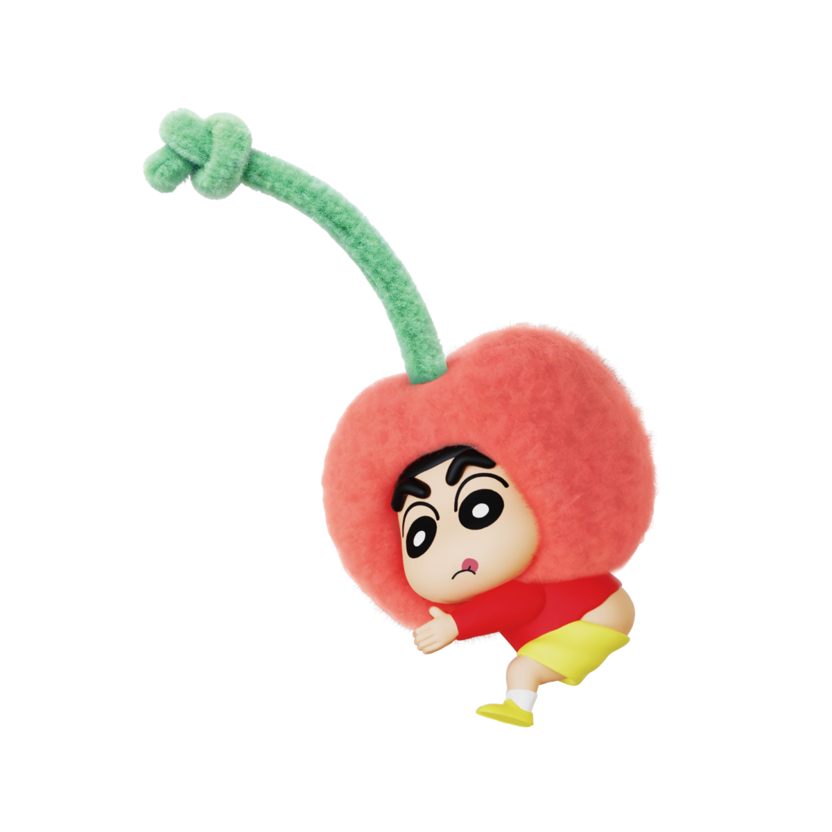 Shinchan plush charm in a red cherry costume shown from the front with a green hanging loop