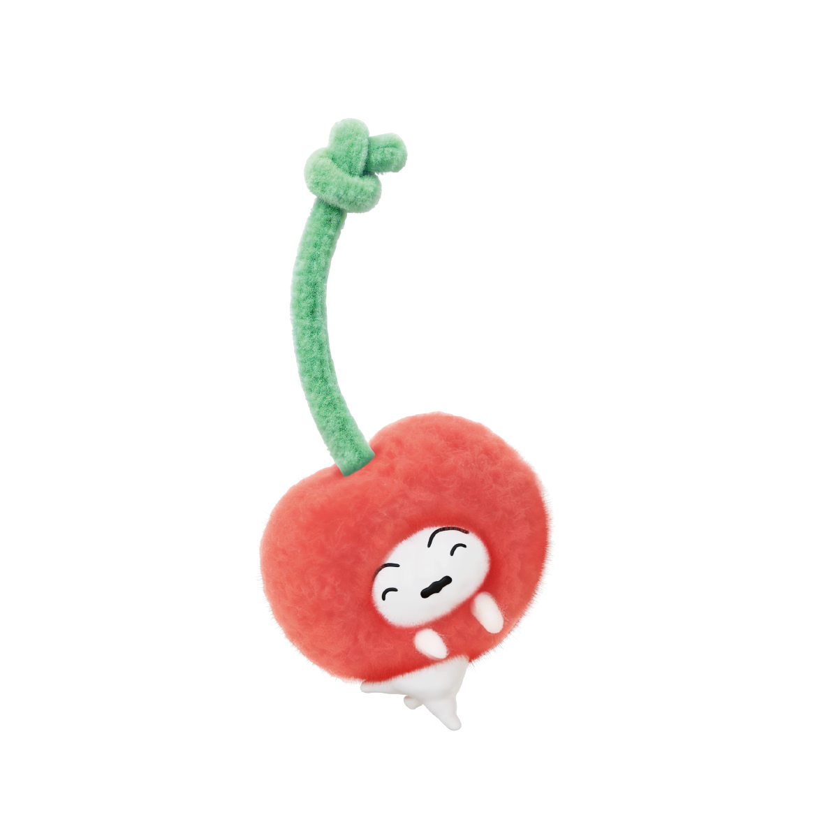 Back view of the Crayon Shinchan cherry costume plush charm with smiling fruit face detail