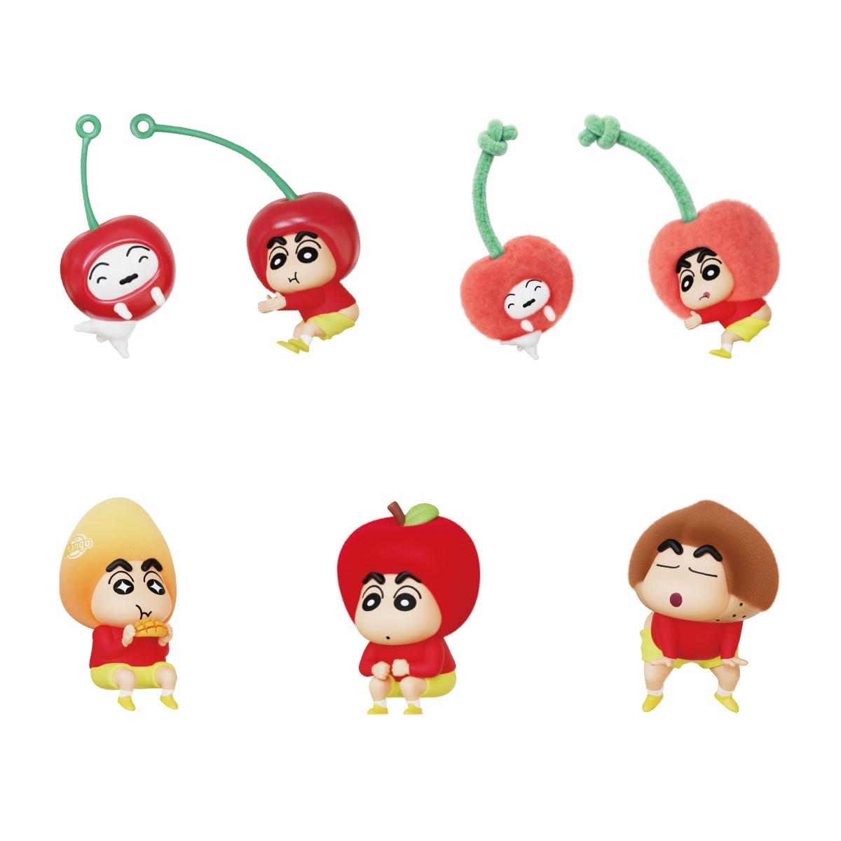 Cherry and apple Crayon Shinchan figures including Shiro cherry charms in the Munch On Fruit lineup