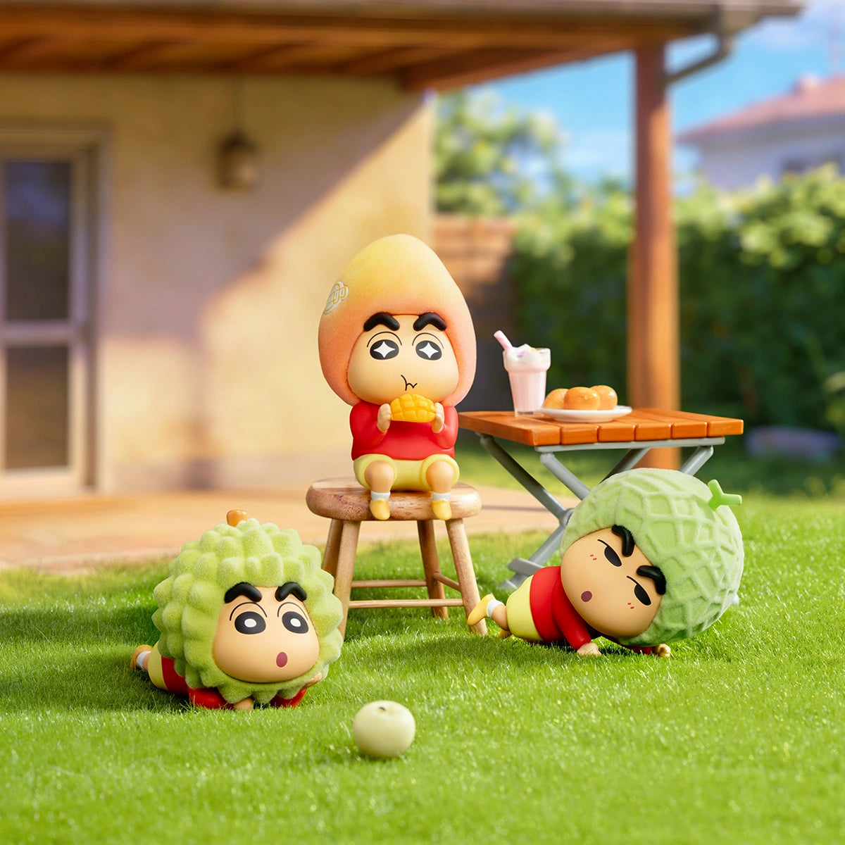 Mango Joy, Durian Delight and Happy Melon Shinchan figures relaxing in a backyard, Crayon Shinchan Munch On Fruit