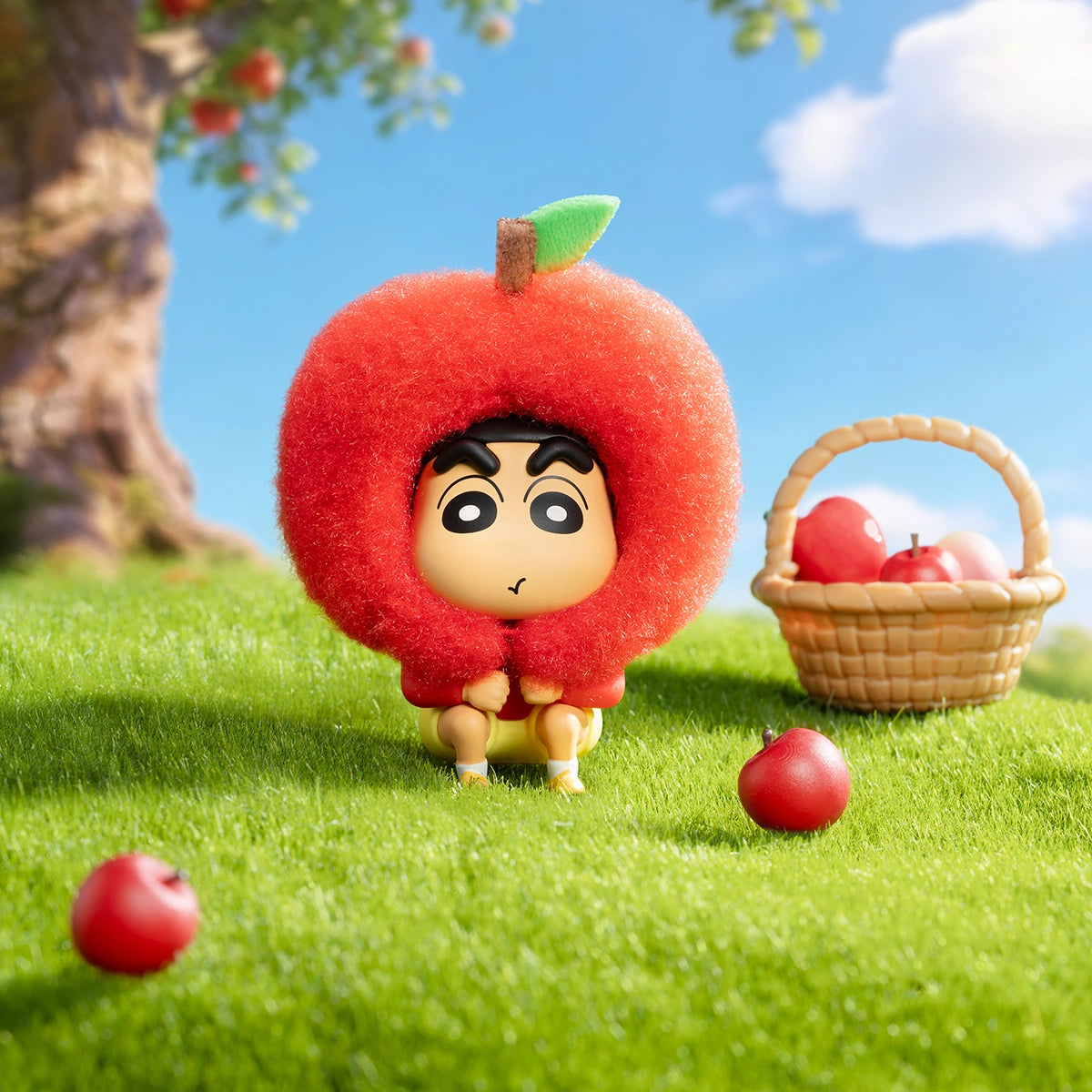 Lucky Shinchan secret plush in a soft red apple hood by an apple basket, Crayon Shinchan Munch On Fruit