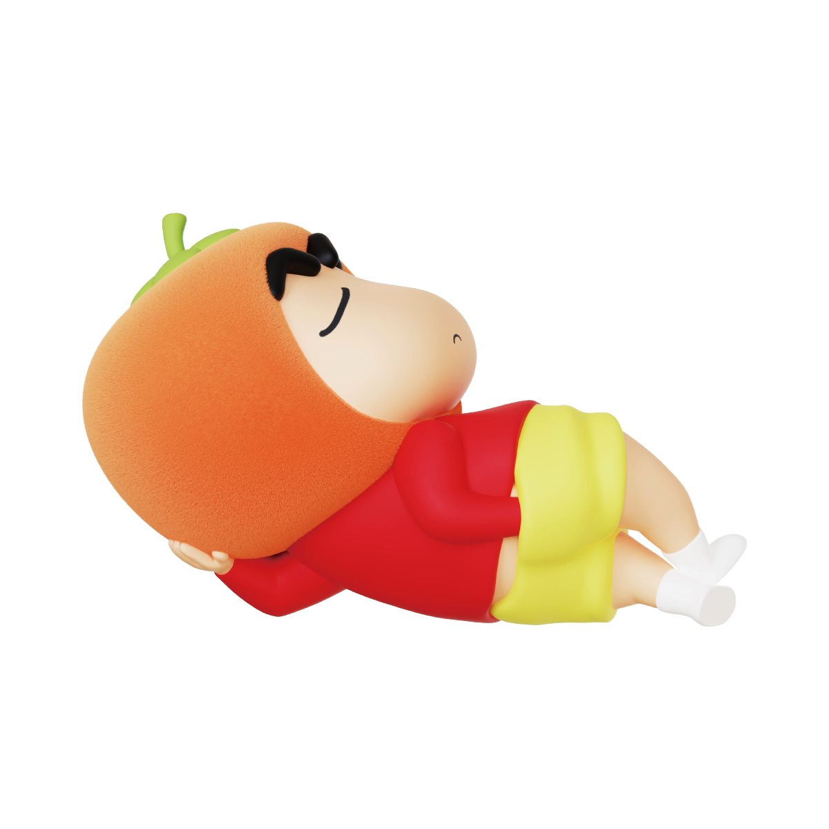 Orange's Day figure, Shinchan in fuzzy orange citrus head lying back in red shirt, Crayon Shinchan Munch On Fruit by 52TOYS