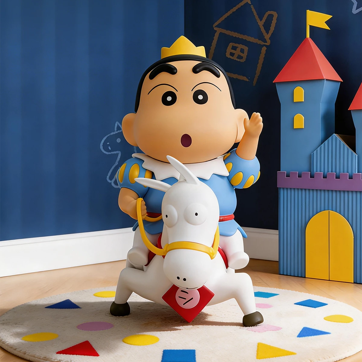 Prince Charming Shinchan figure on white horse in a fairytale bedroom with castle, Crayon Shinchan PLUS
