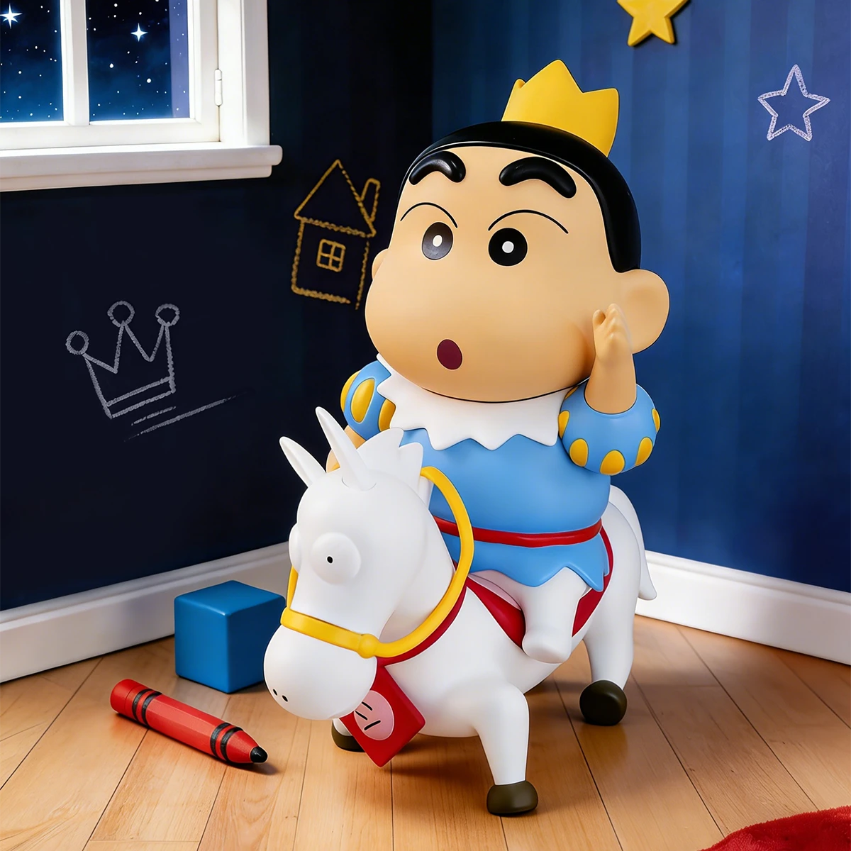 Prince Charming Shinchan in blue robe and gold crown riding a white horse in a starry room, Crayon Shinchan PLUS