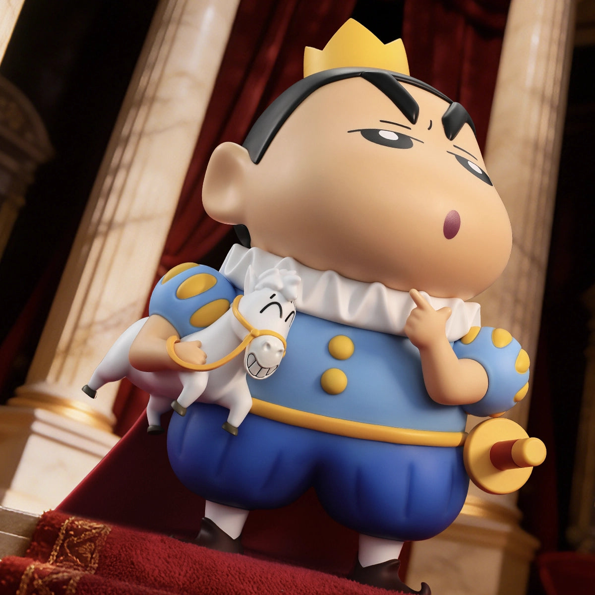 Crayon Shinchan Prince Charming with stick-horse striking a cocky pose in a palace, PLUS figure