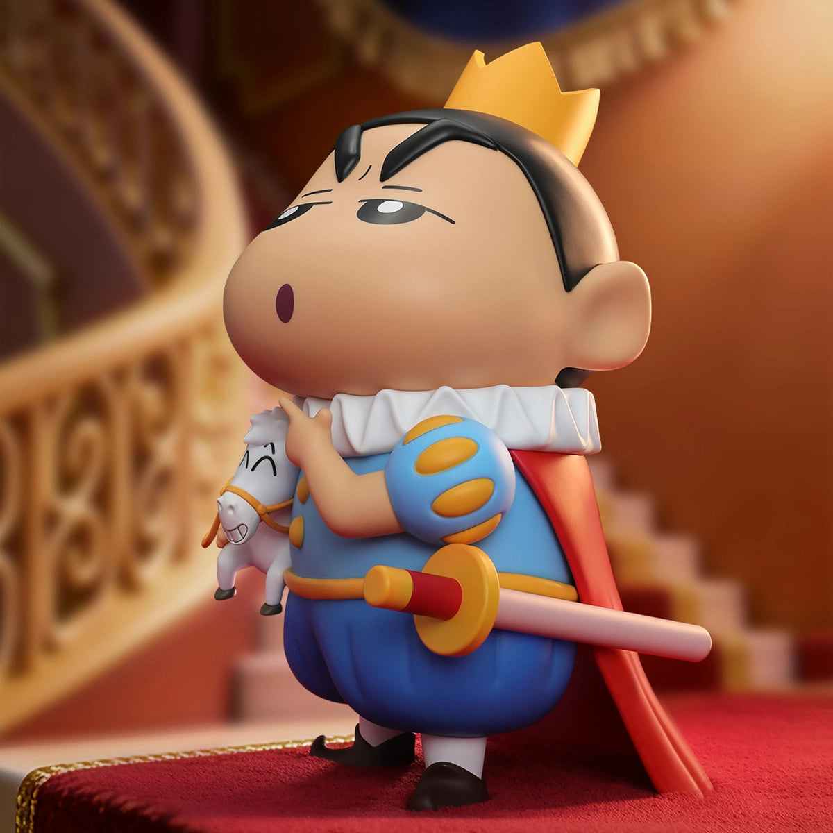 Crayon Shinchan Prince Charming with cape, sword and stick-horse on palace stairs, PLUS figure