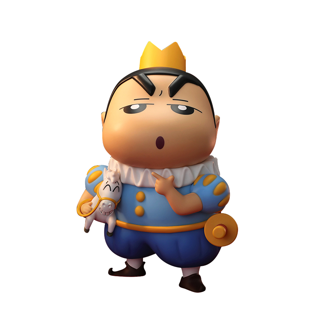 Crayon Shinchan PLUS Prince Charming in blue royal coat, gold crown and stick-horse