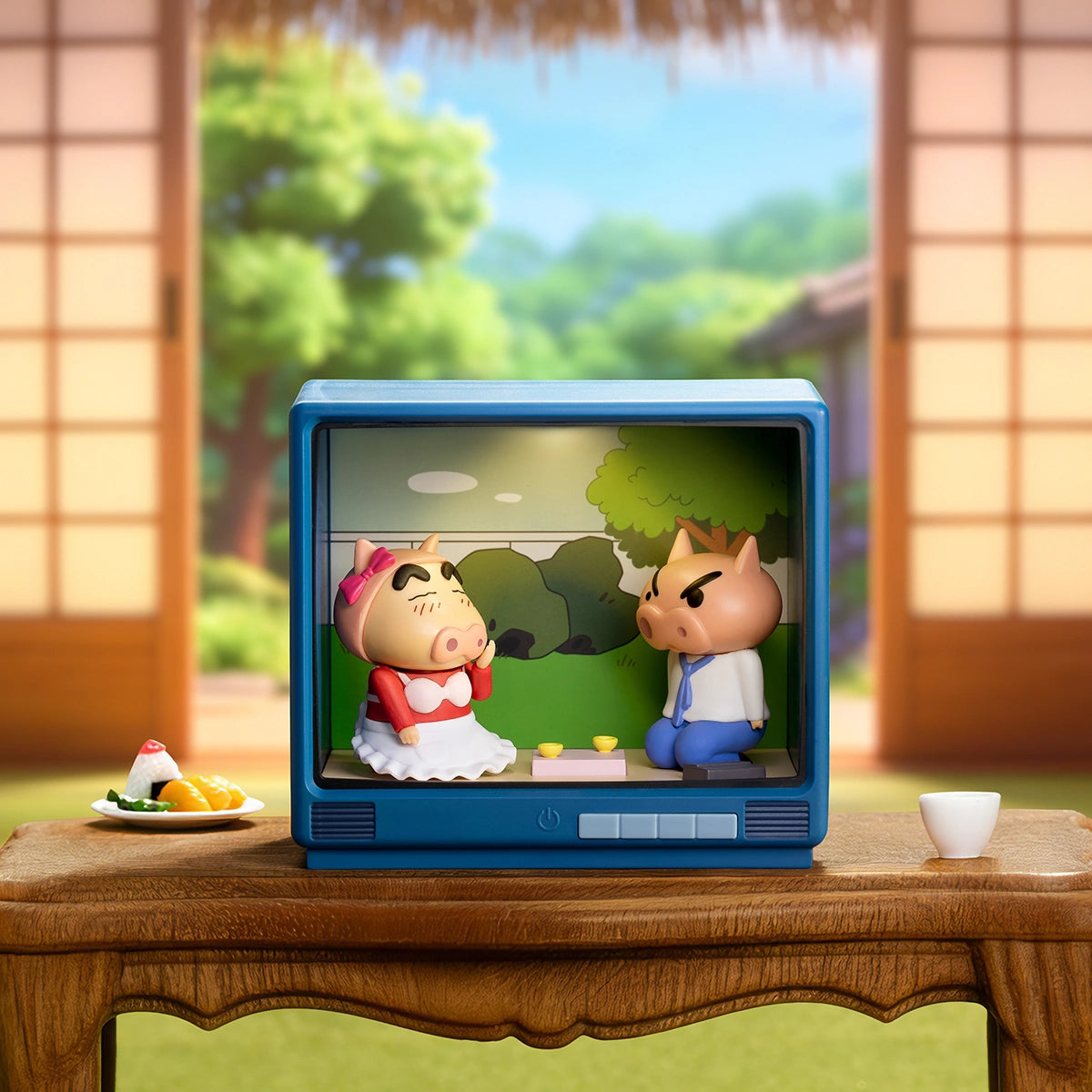 Caring Shinko pig-faced figures greeting after work inside a retro TV diorama, Crayon Shinchan Retro TV Series