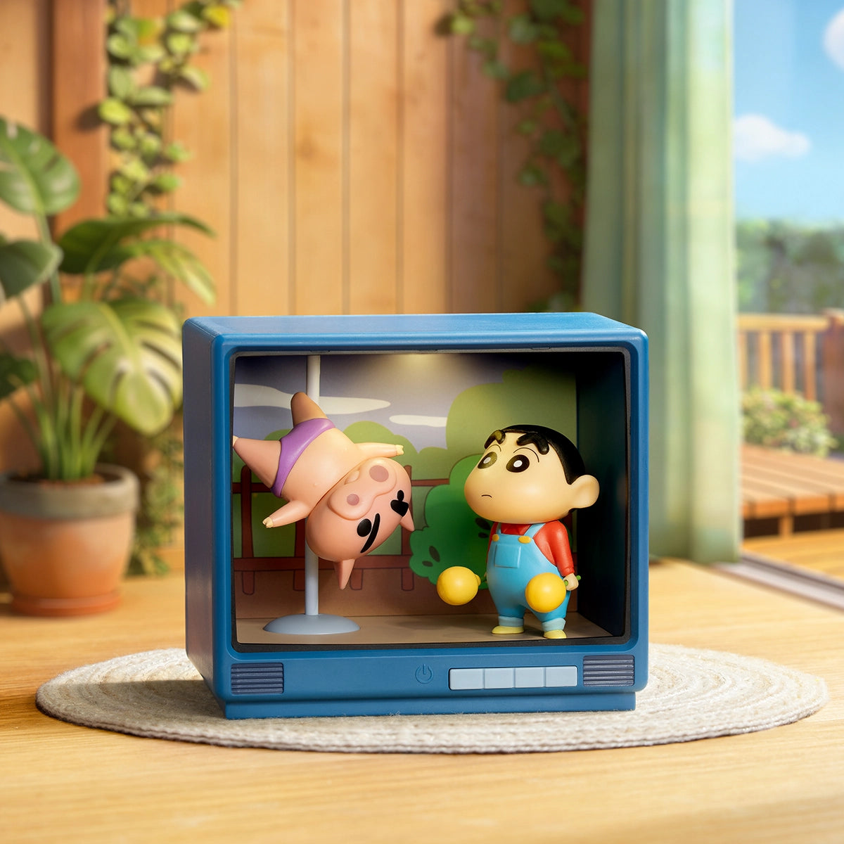 Shinchan facing a pig on a pole inside a sunlit retro CRT TV diorama, Crayon Shinchan Retro TV Series