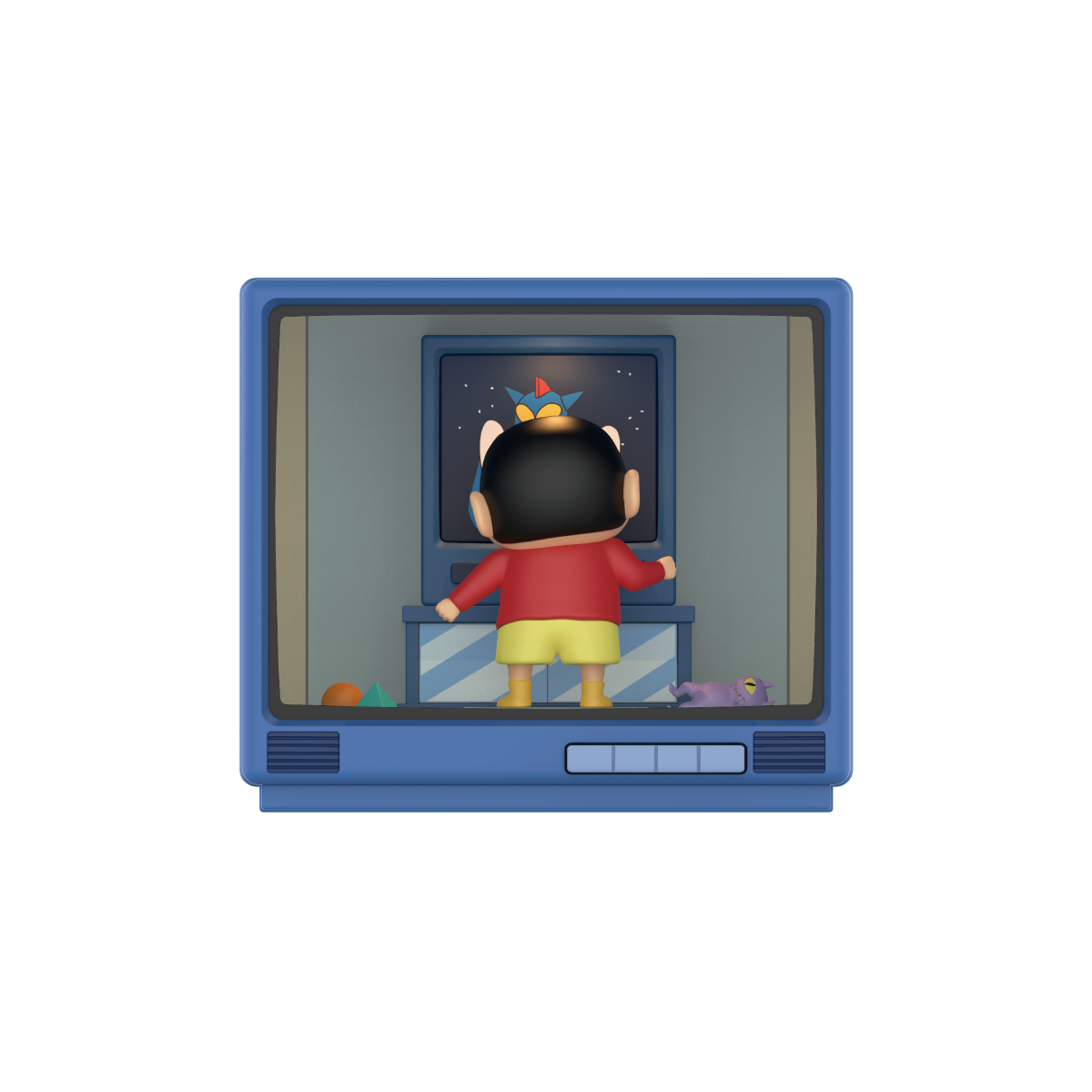 Action Kamen Is On Air, Shinchan from behind watching a mini Action Kamen TV, Crayon Shinchan Retro TV Series