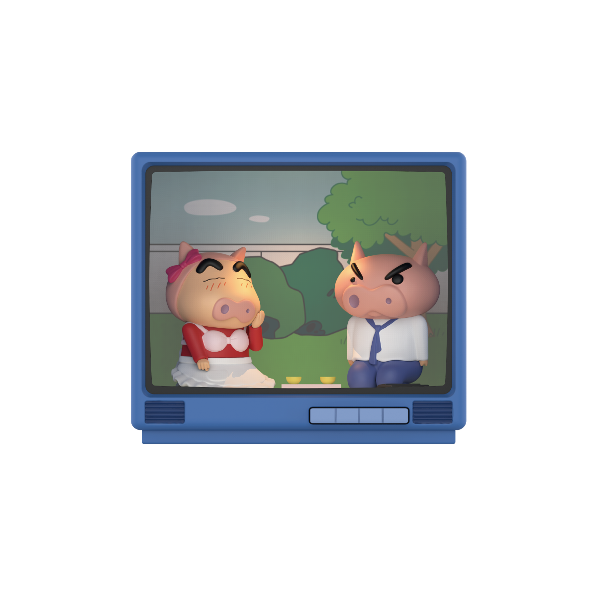 Caring Shinko pig couple after work in a garden retro TV diorama, Crayon Shinchan Retro TV Series