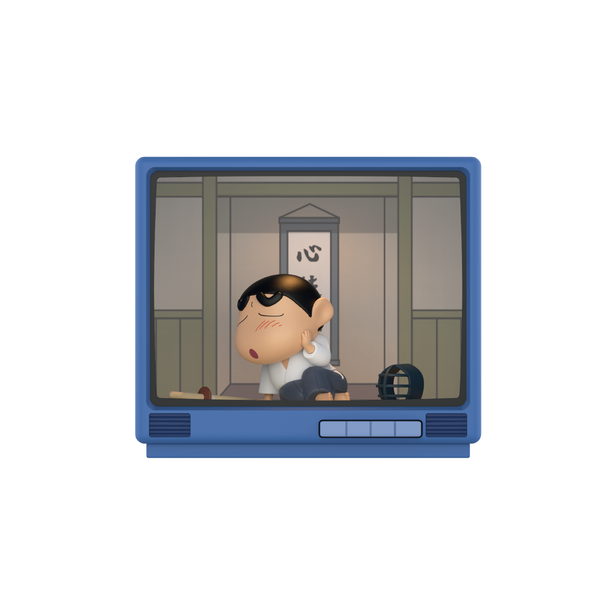 Shy Kendo Shinchan in white gi kneeling in a dojo inside a retro CRT TV, Crayon Shinchan Retro TV Series