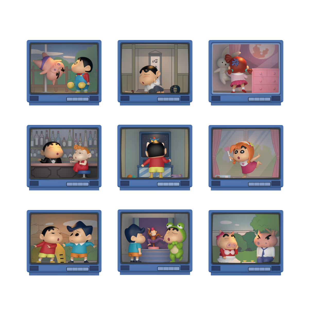 Full set of nine Crayon Shinchan scenes inside retro CRT TV dioramas, Retro TV Series blind box