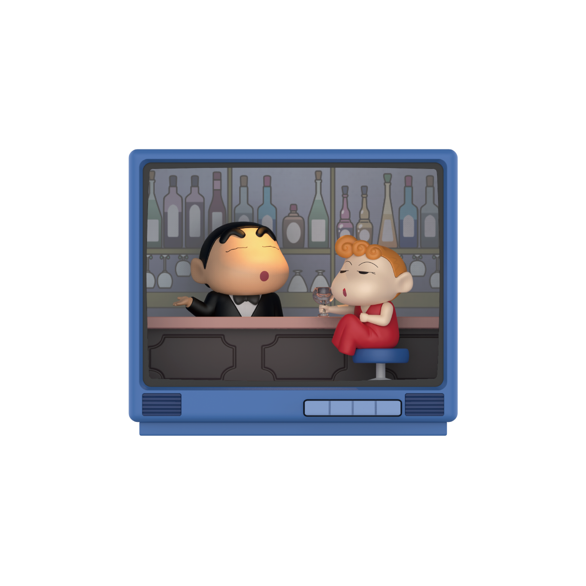 Bar Roleplay Time, Shinchan in tuxedo and Nene in red dress clinking glasses, Crayon Shinchan Retro TV Series