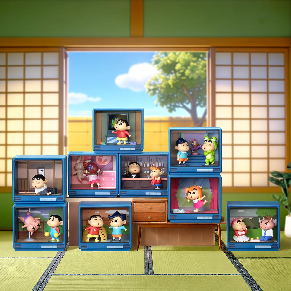 Nine Crayon Shinchan retro TV diorama figures arranged in a tatami room, Retro TV Series blind box