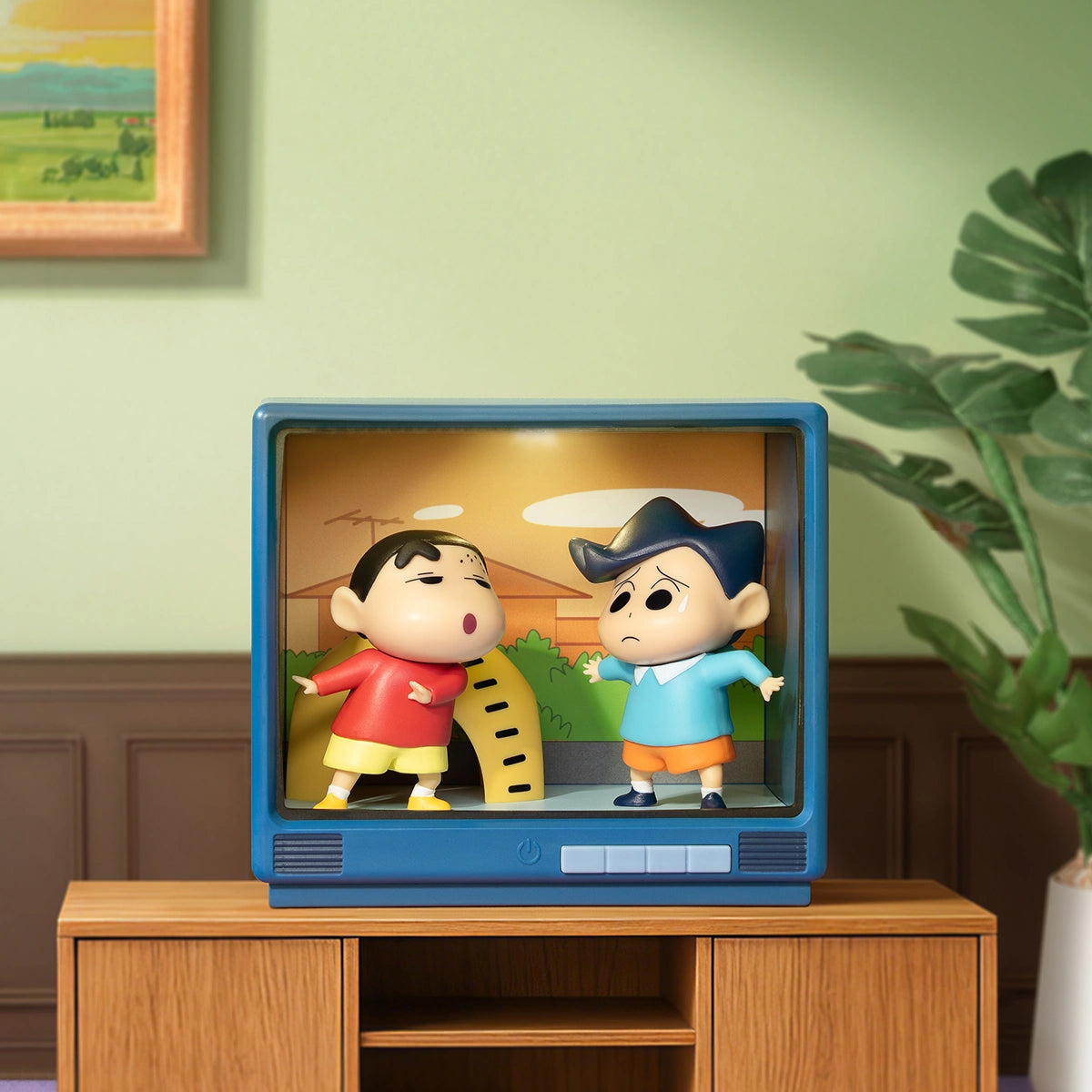 Brave Unibrow Shinchan facing a cowboy-hat boy in a CRT TV on a wooden cabinet, Crayon Shinchan Retro TV Series