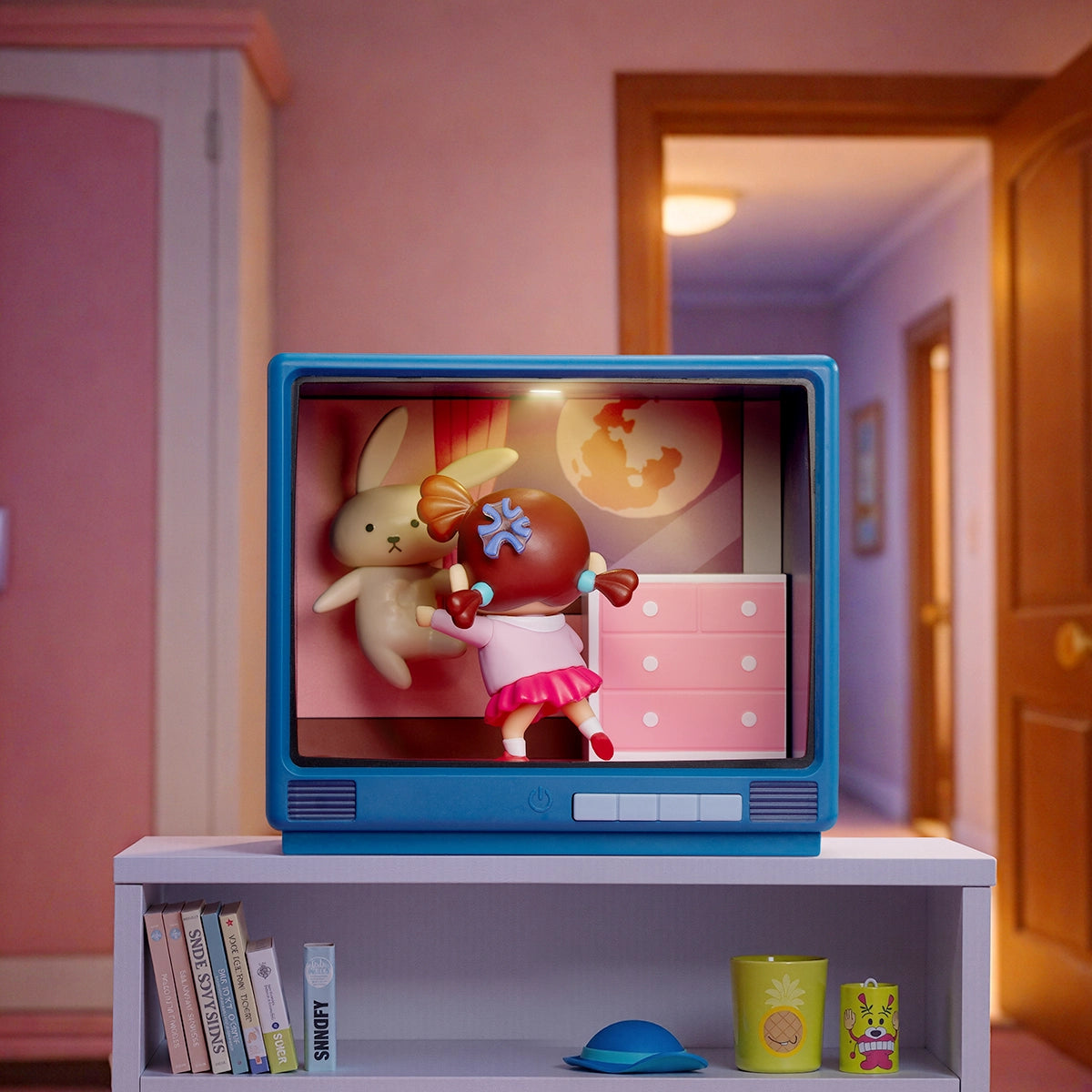 Nene's Rage Mode, Nene in red dress clutching her rabbit plush in a retro TV, Crayon Shinchan Retro TV Series