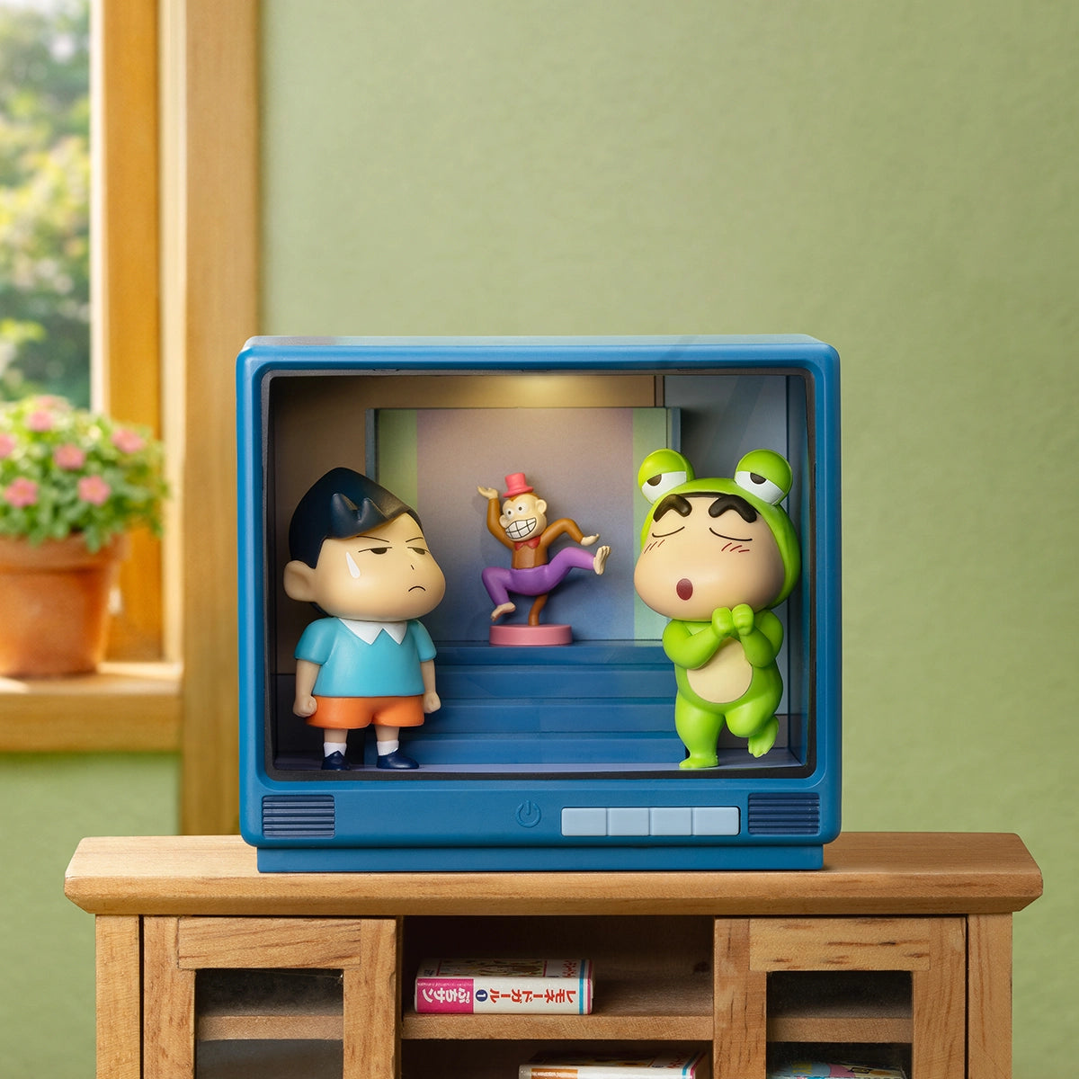 As Cute As Kazama-kun, Shinchan in a frog costume with dancing monkey toy, Crayon Shinchan Retro TV Series