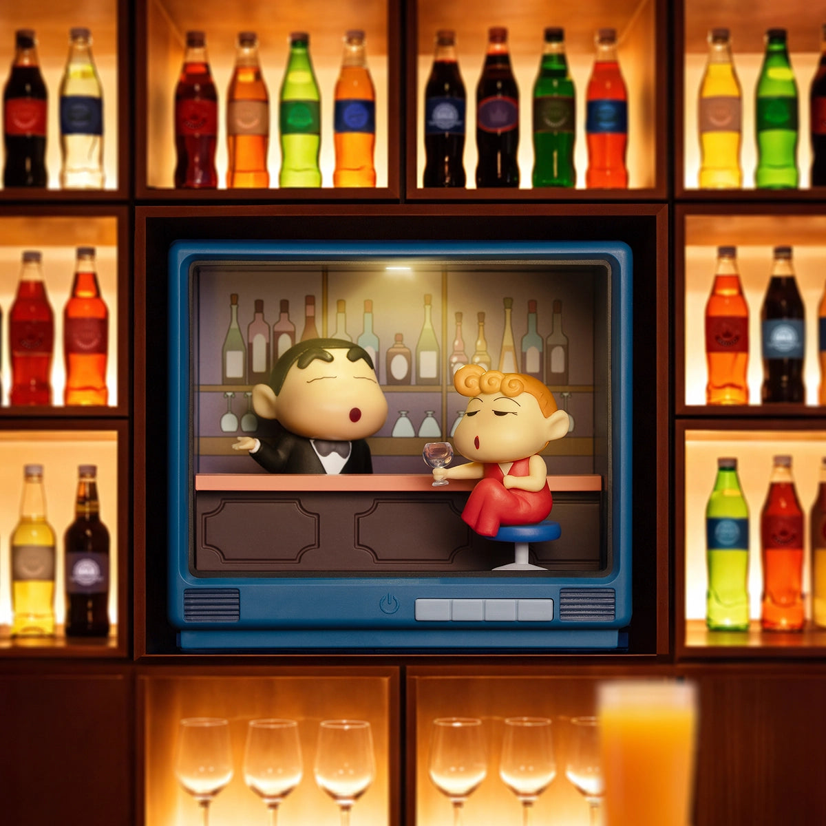Bar Roleplay Time, Shinchan in tuxedo and Nene in red dress at a bar, Crayon Shinchan Retro TV Series